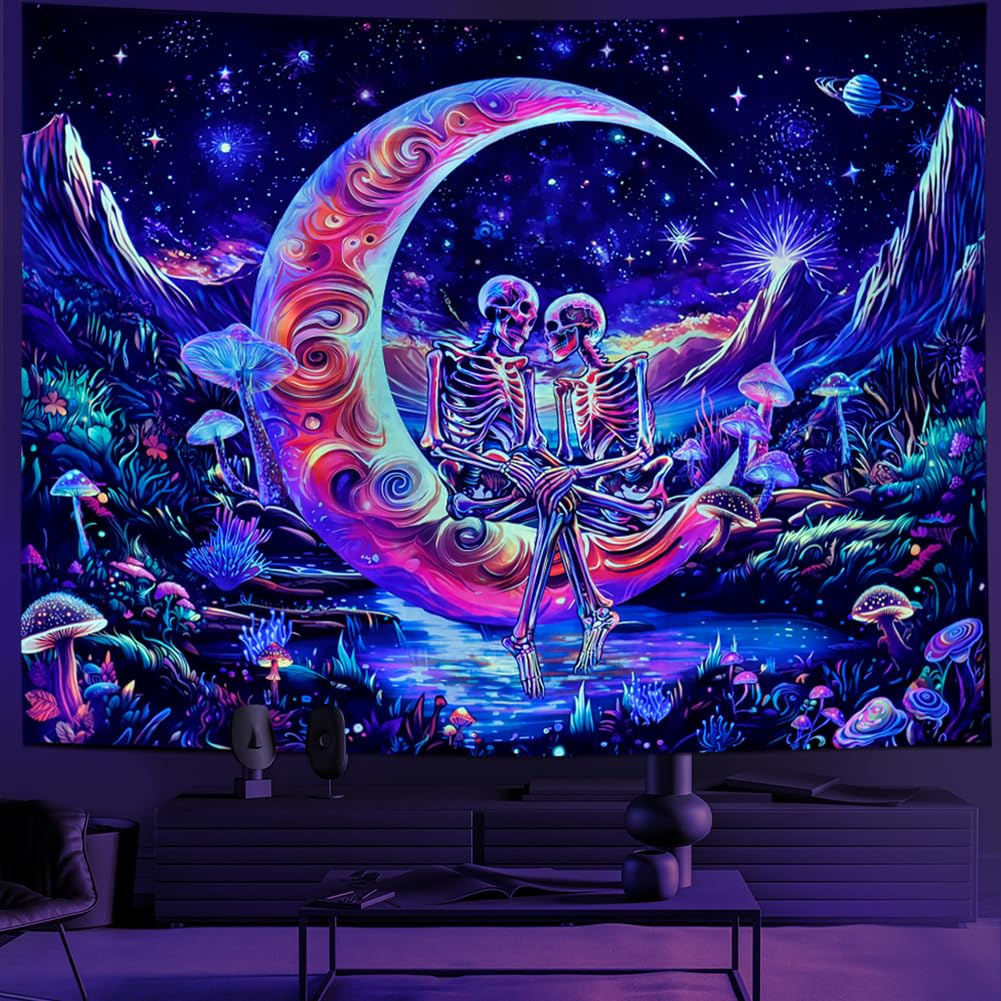 Huzuya Blacklight Skull Tapestry UV Reactive Galaxy Space Tapestries Psychedelic Moon Wall Tapestries Skeleton Lovers Wall Hanging for Bedroom Decor