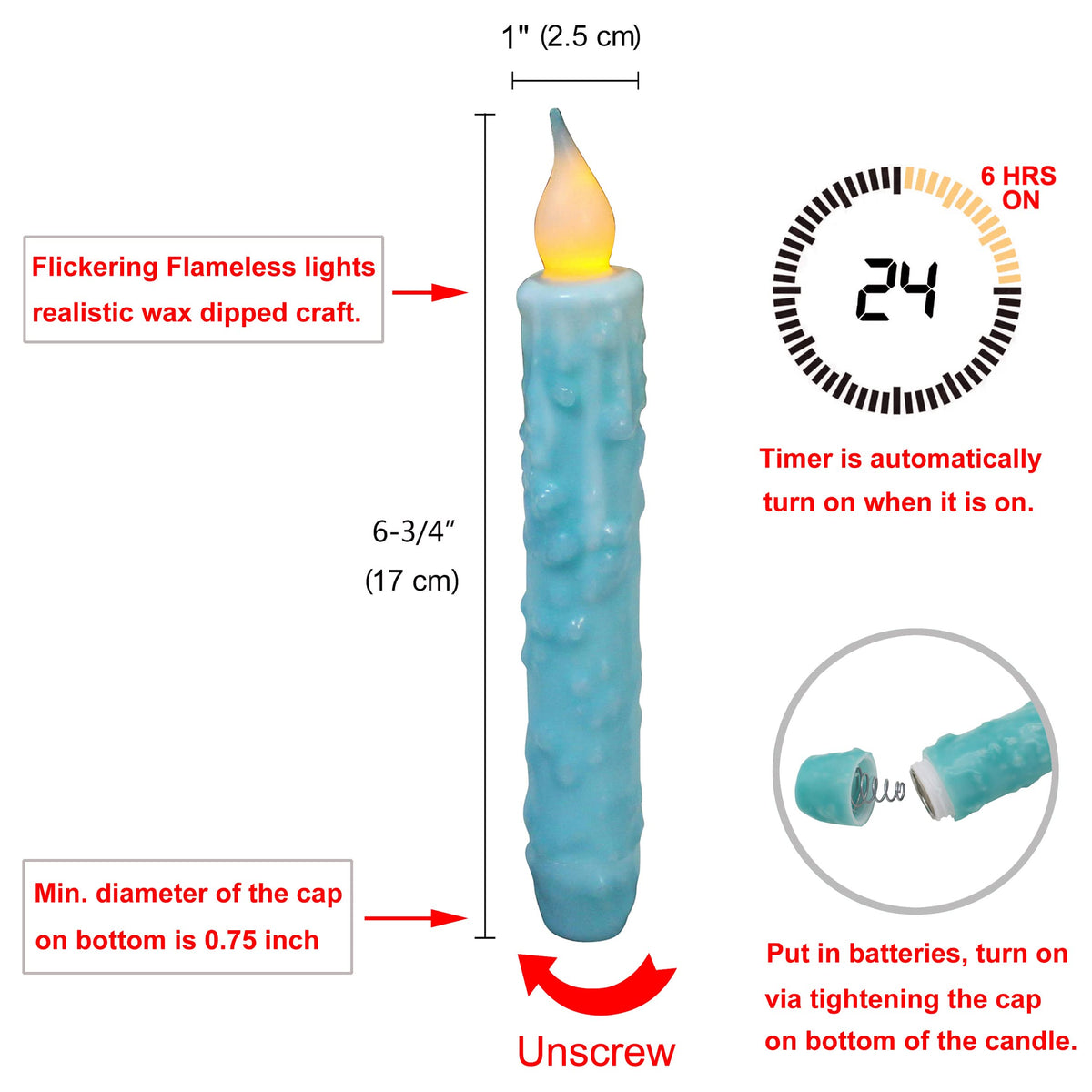 CVHOMEDECO. Real Wax Hand Dipped Battery Operated LED Timer Taper Candles Rustic Primitive Flameless Lights Decor, 6-3/4 Inch, Teal, 3 PCS in a Package
