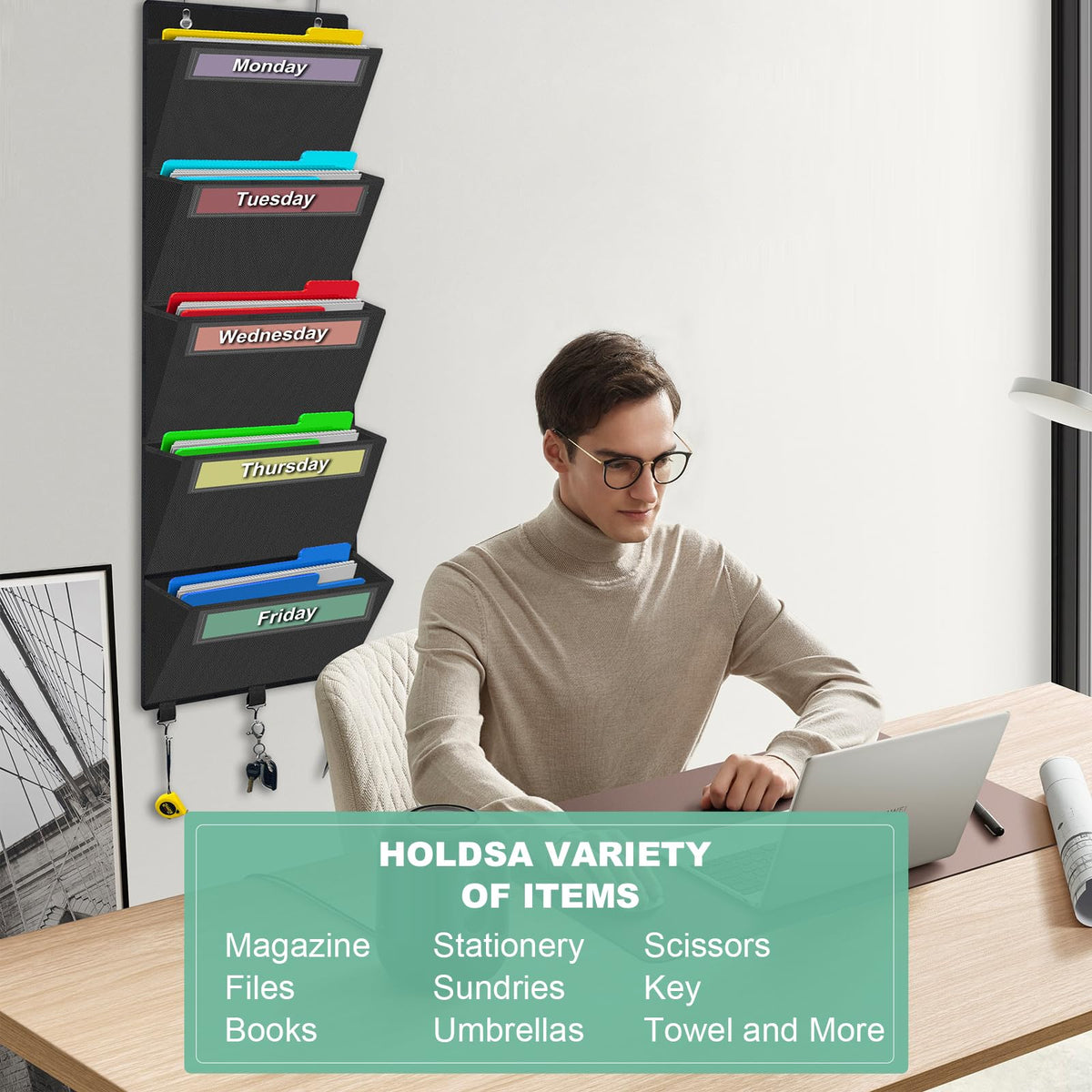 Weekly Over the Door File Organizer, Hanging File Folders Wall Organizer with 5 Large Pockets for Papers, Charts, Mails, Magazine, Office and Back To School Supplies Storage and Organization (Black)