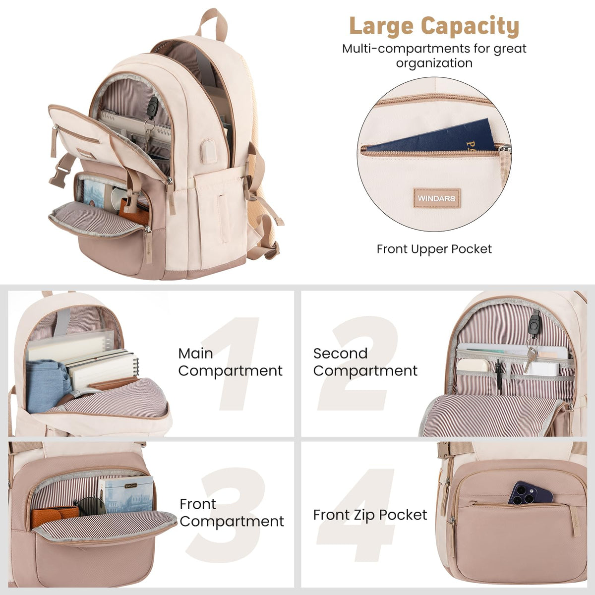 WINDARS Backpack for School Girls, Cute High School Backpacks for Teens Women Student Large Bookbag 15.6 Inch Laptop Bag with USB Charger Port for College Work Travel Trip (Khaki Beige)