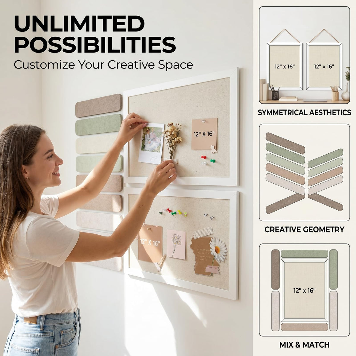 OKSON Bulletin Board Set, 2-Pack 12"x16" Framed Linen Cork Boards for Walls & 8-Pack Felt Strips, Decorative Pin Board & Vision Board for Home Office Decor, Includes Push Pins & Hardware