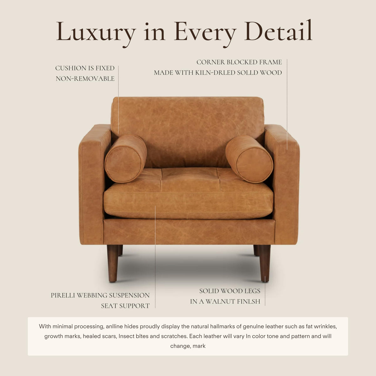 Poly & BARK Napa Leather Accent Chairs 42" – Set of 2 - Mid Century Modern Armchair with Bolster Pillows, Living Room or Bedroom Chair in Cognac Tan