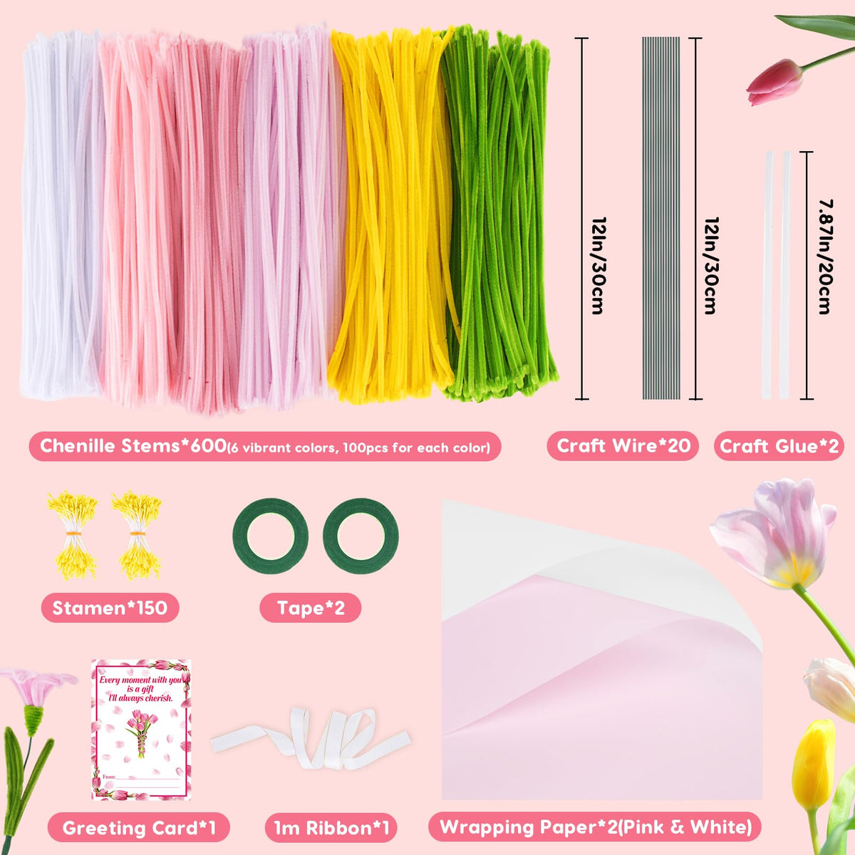 600PCS Pipe Cleaners Craft, Pipe Cleaner Bulk Flower Kit, 6 Colors Chenille Stems Flower Making Kit with Floral Wires, Gardening Tape, Stamen, Floral Wrapping Paper & Ribbon for Art and Craft Supplies