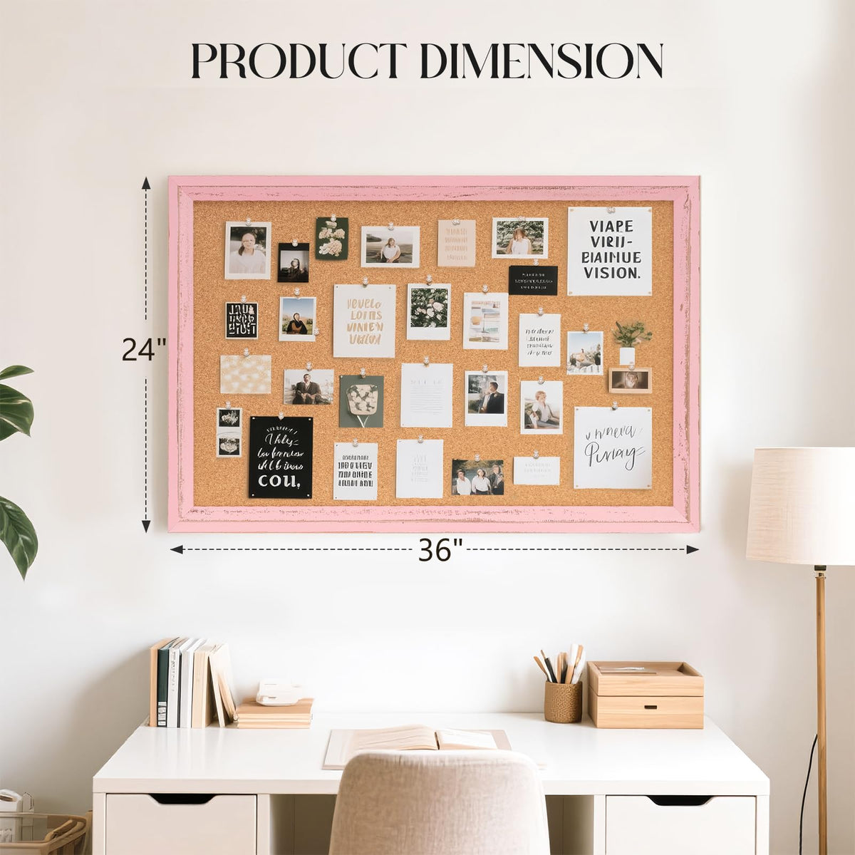QUEENLINK Cork Bulletin Board 36" x 24", Wall Mounted Cork Board with Pink Wooden Frame, Decorative Pin Board for Office, Home & Classroom Decor, White
