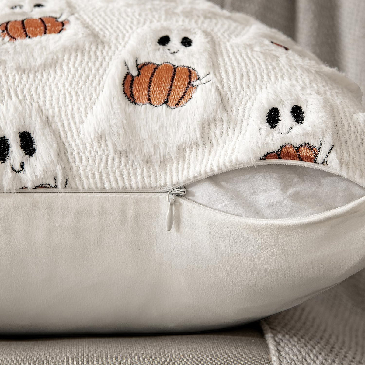 MIULEE Halloween Pillow Covers Decorative Fall Cute Ghost Plush Faux Fur Pillows 20x20 Inch Set of 2 Soft Pumpkin Accents for Sofa Couch Bed Living Room Festive Home Decor, White Rust