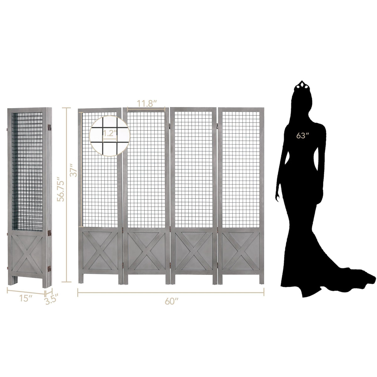 Wnutrees 4 Panel Gridwall Display, Portable Freestanding Display Board for Craft/Art Shows, Retail, Events, Decorative Wood Room Divider Folding Screens, Grey