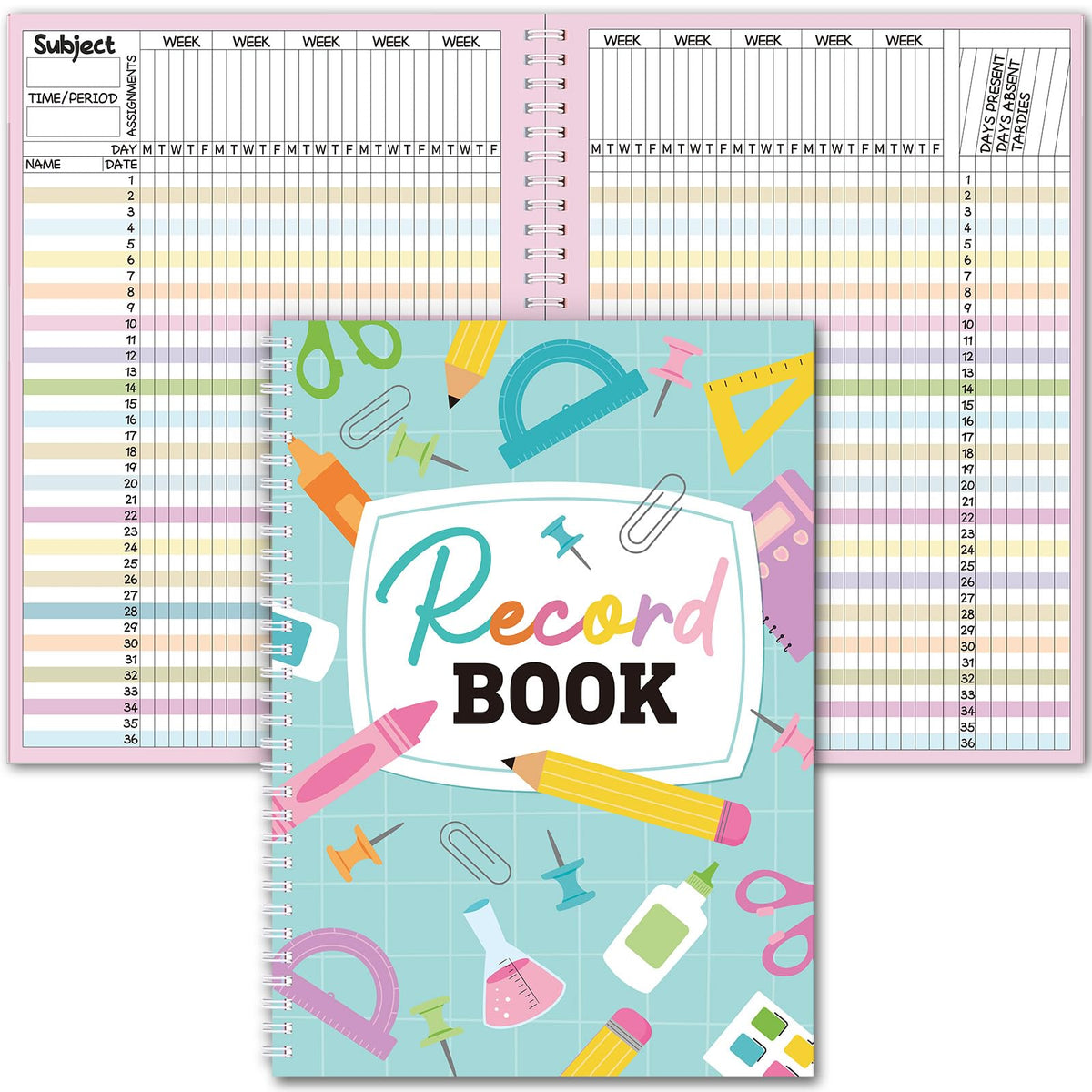 Fuyoooo Teacher Record Book Teacher Grade Books 2026-2027 Spiral Bound Record Planner 2026 Class Grade Book Office Favors for Classroom Attendance Decoration Double Sided(Green, Crayon)