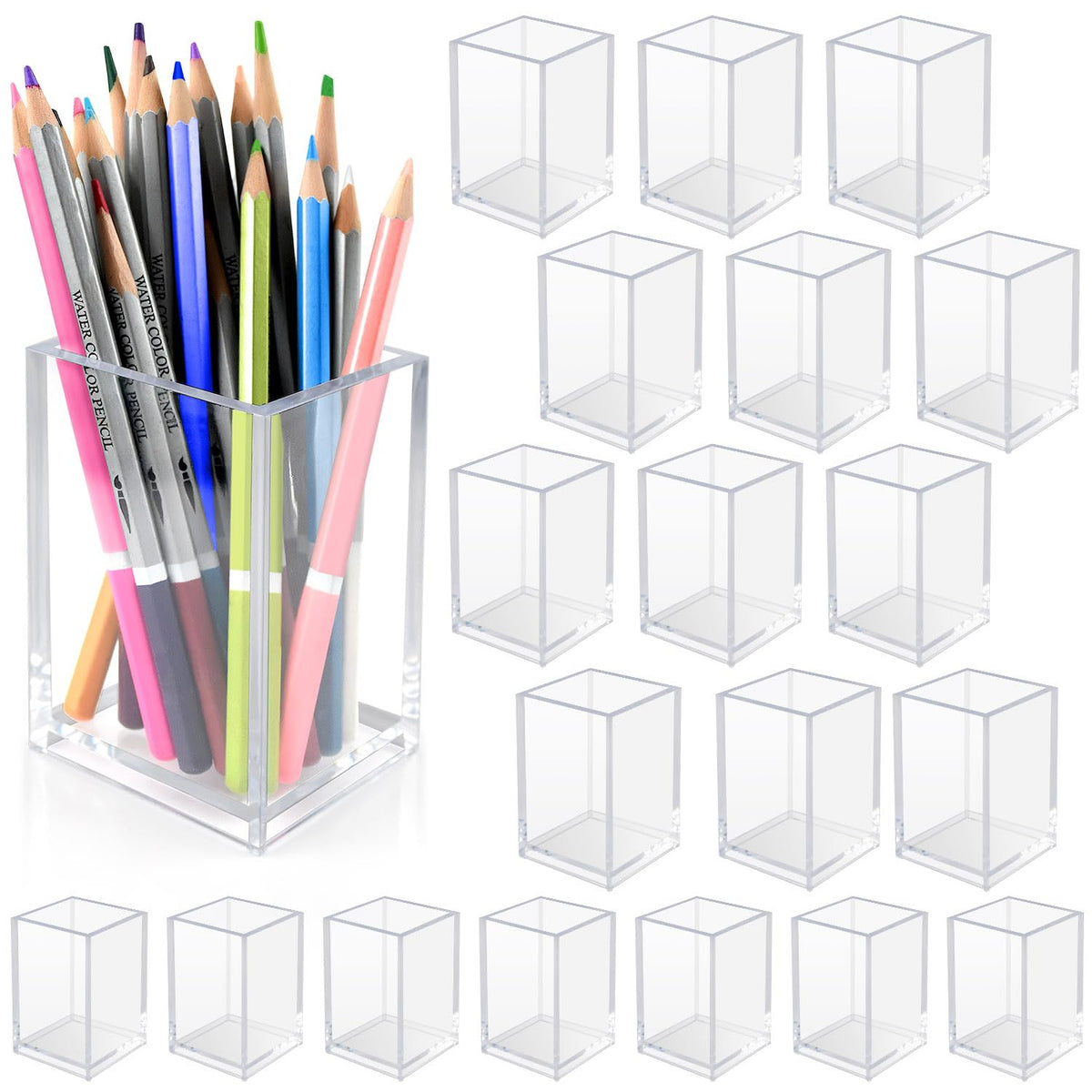 20 Pack Clear Acrylic Pen Holder for Desk, Pencil Cup Makeup Brush Organizer, Square Acrylic Pencil Holders for Office School Home Supplies, Desktop Stationery Organizer for Pens Markers Brushes