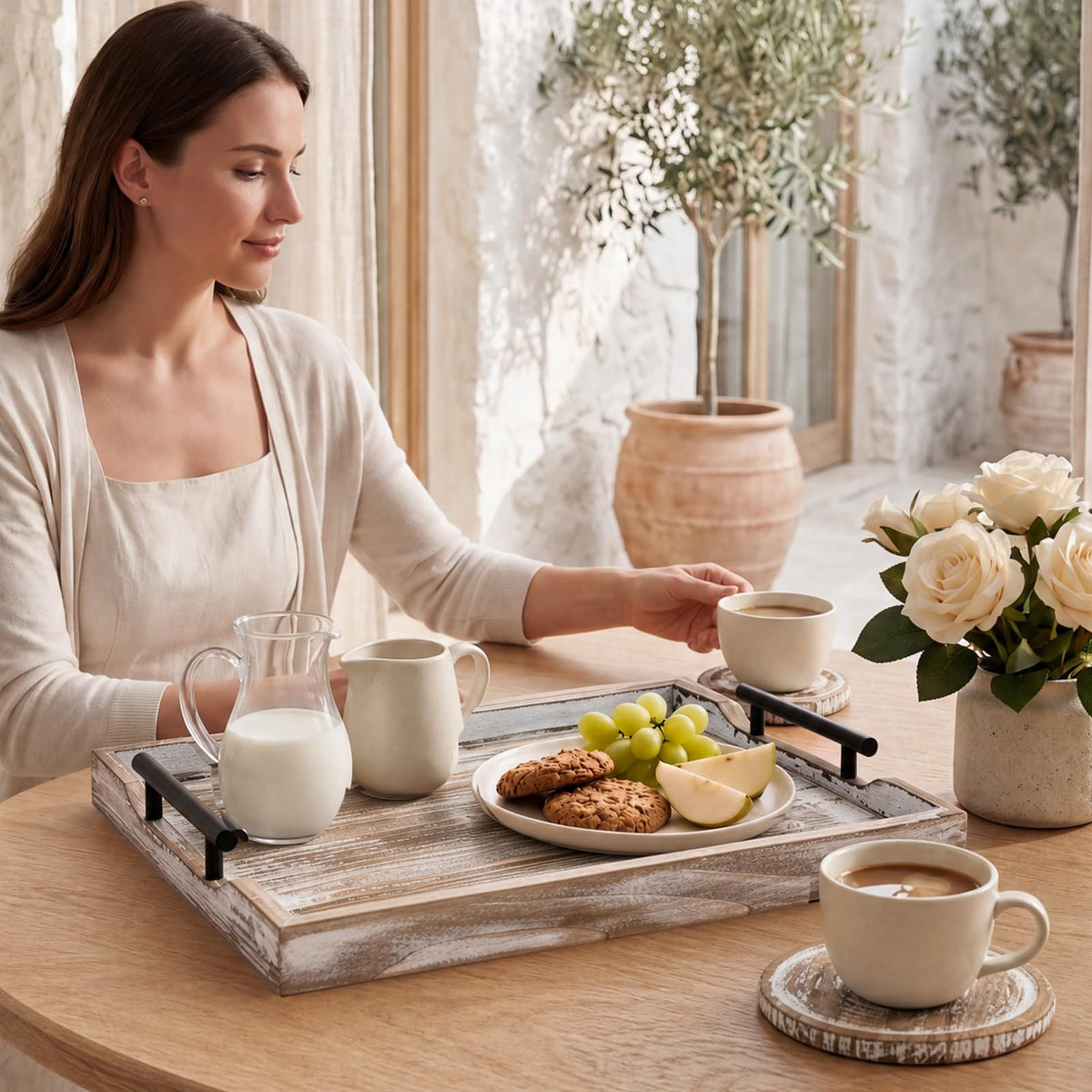 ComfyTune Wood Serving Tray with Metal Handles, 17x13in Large Wooden Tray for Ottoman, Coffee Table, Breakfast, Dinner & Bar, Decorative Tray for Living Room, Bedroom, Bathroom and Kitchen, Brown