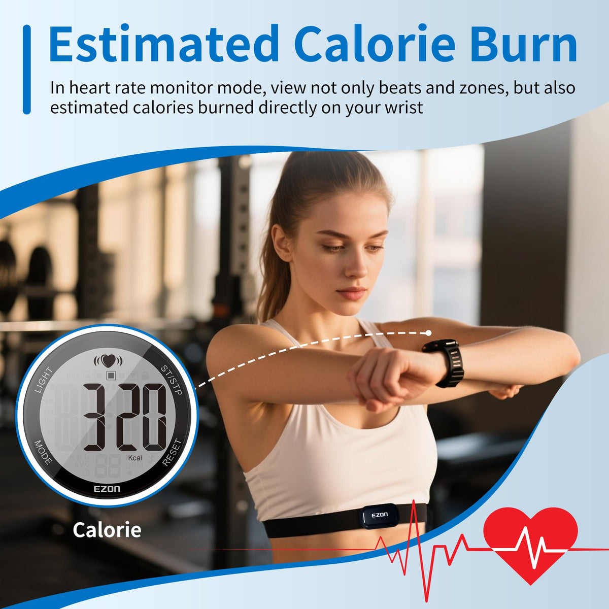 EZON Heart Rate Monitor Chest Strap and Digital Watch T037,5ATM Waterproof Fitness Tracker with HRM,Calories Burned,Stopwatch and Hourly Chime (Watch Band Included)