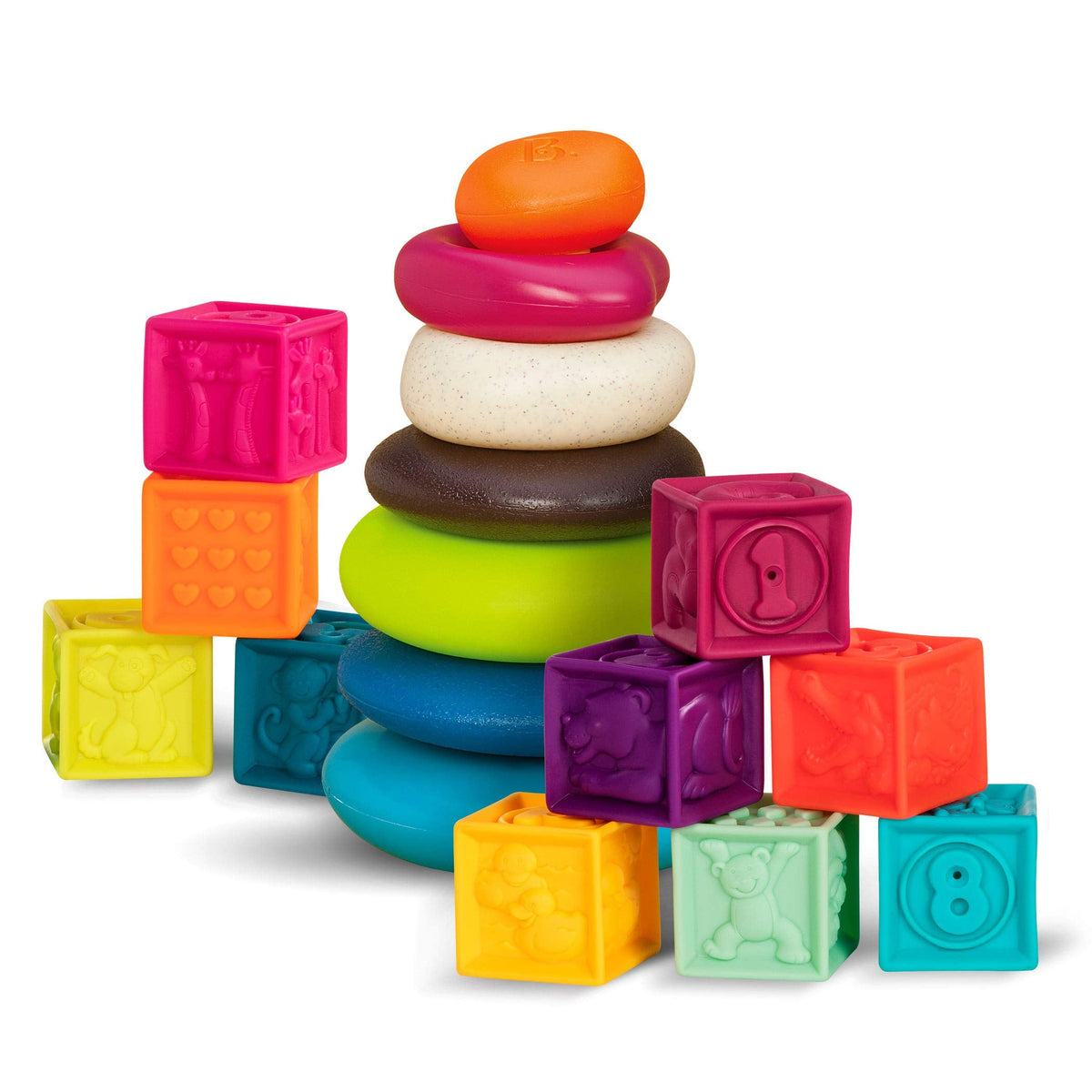 B. toys – Baby Blocks & Stacking – 10 Numbered Blocks & 5 Colorful Rings – Building Play Set for Infants – Educational Toys – One Two Squeeze & Stacking Stones – 6+ Months