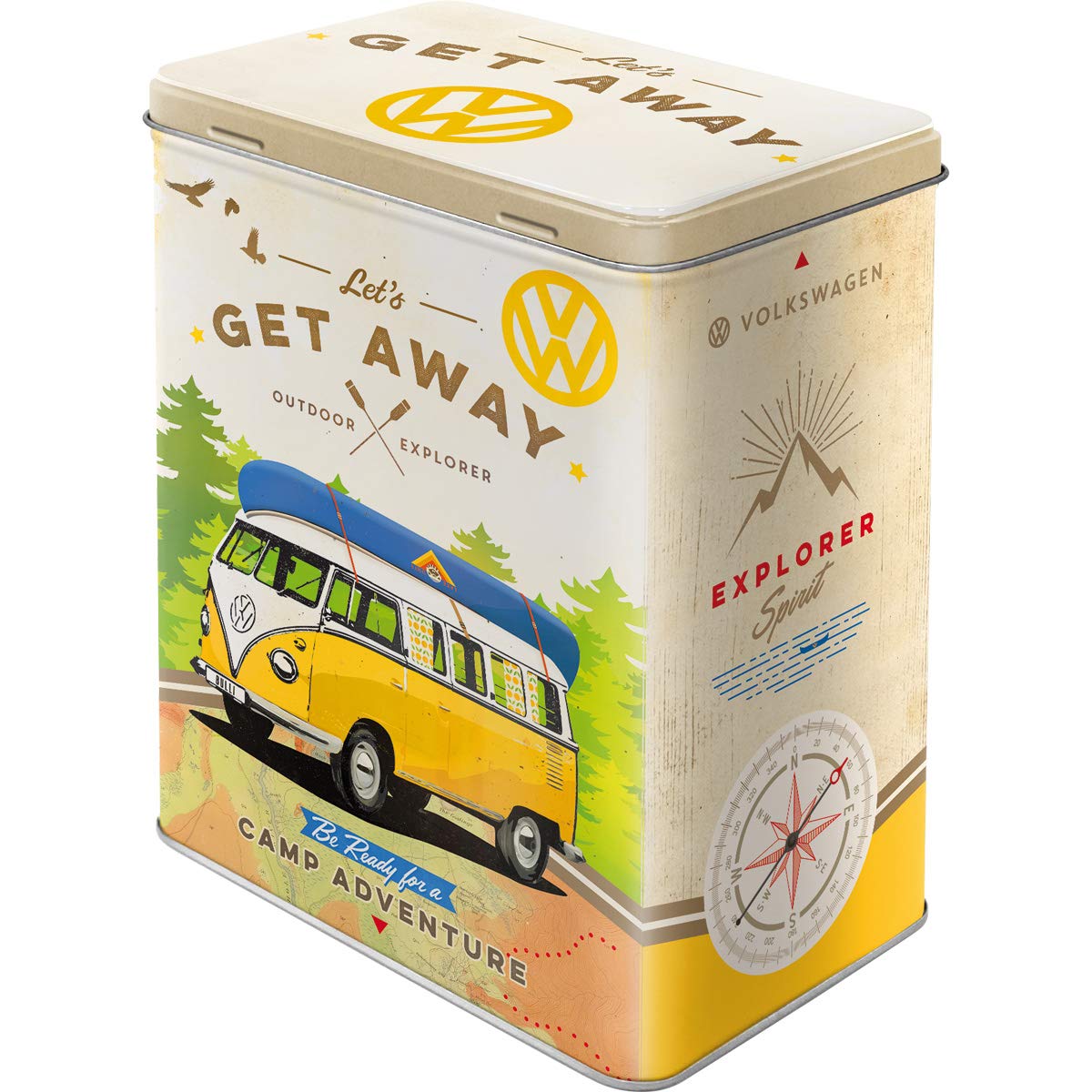 Nostalgic-Art Retro storage tin box L, 101.4 oz, VW Bulli – Let's Get Away – VW Bus Gift idea, Official License Product (OLP), large metal coffee can, vintage design