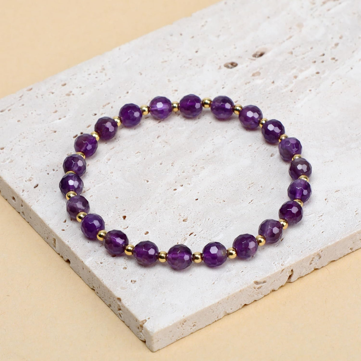 QOGIR Amethyst - Stone of Calmness - 14K Gold Plated Beads Natural Gemstone Stretch Elastic Dainty Healing Beaded Bracelets Gifts 6mm