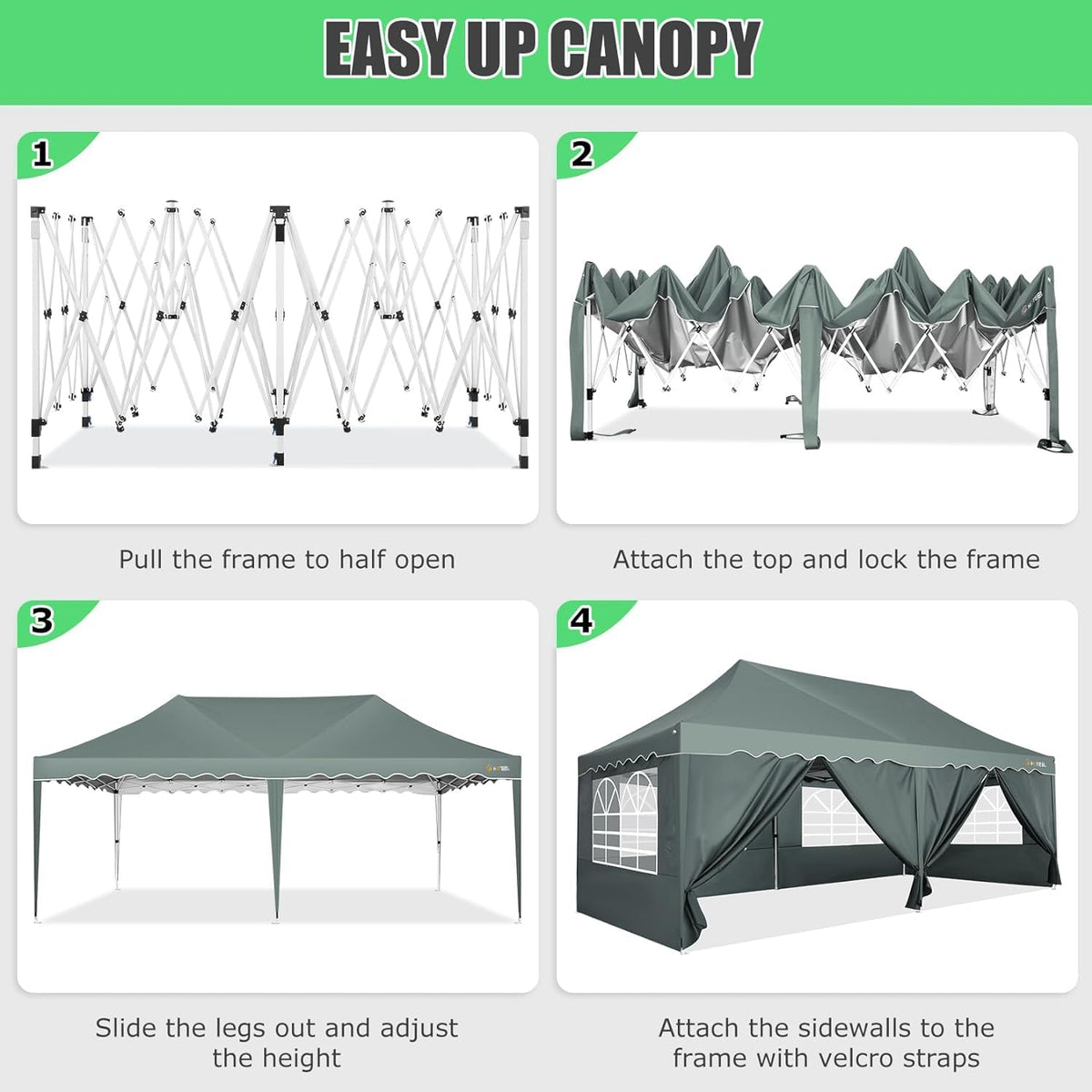 HOTEEL 10x20 Pop up Canopy Tent with 6 sidewalls Easy Up Commercial Outdoor Wedding Party Tents for Parties All Season Wind & Waterproof Gazebo Roller Bag, Gray