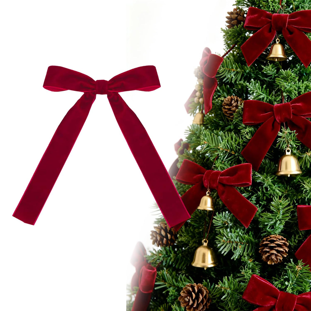 24 PCS Red Velvet Bows for Christmas Tree, Red Velvet Bows with Gold Ties, for Christmas Tree Party Front Door Wreath Holiday Indoor Inside Decor
