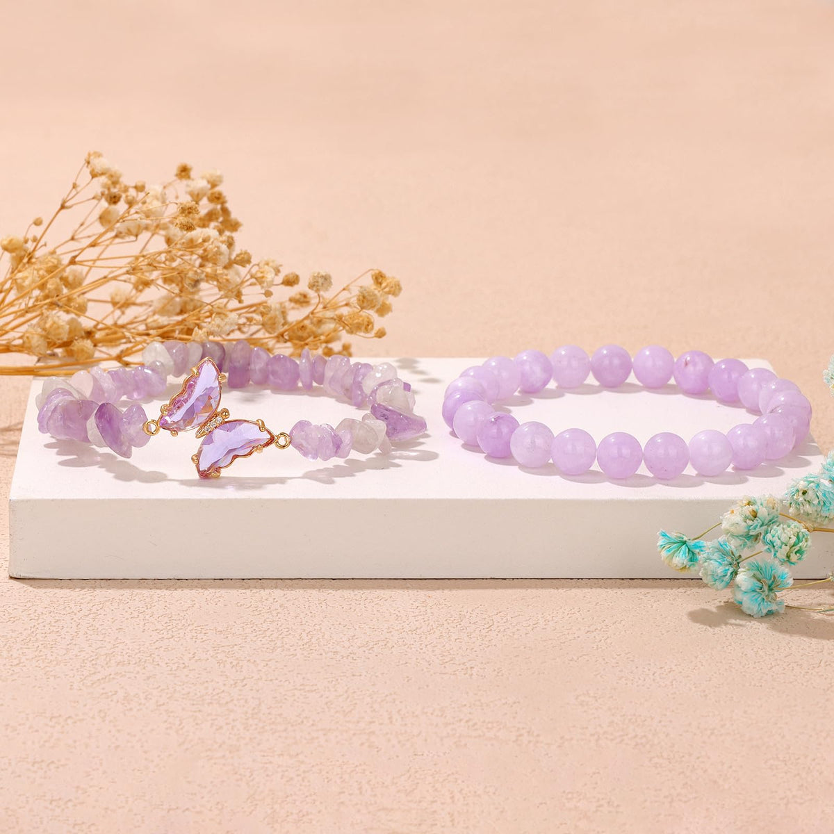 GolbalJew Purple Jade Stone Bracelet for Women Healing Crystal Stone Butterfly Charms Bracelets Gemstone Beads Stretch Bracelet Jewelry Women Gift