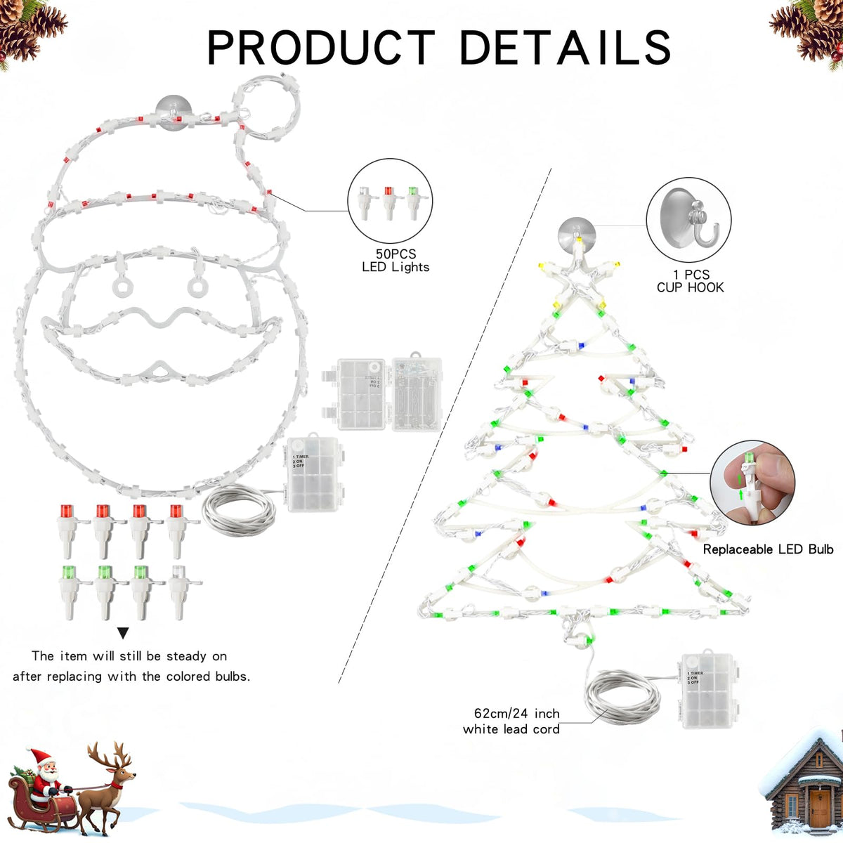 16" Christmas Window Silhouette LED Lights Decorations with Battery Powered, Pack of 2 Sign Lighted Santa Claus head and Christmas tree Christmas Window Lights with for Indoor Wall Door Glass Decor