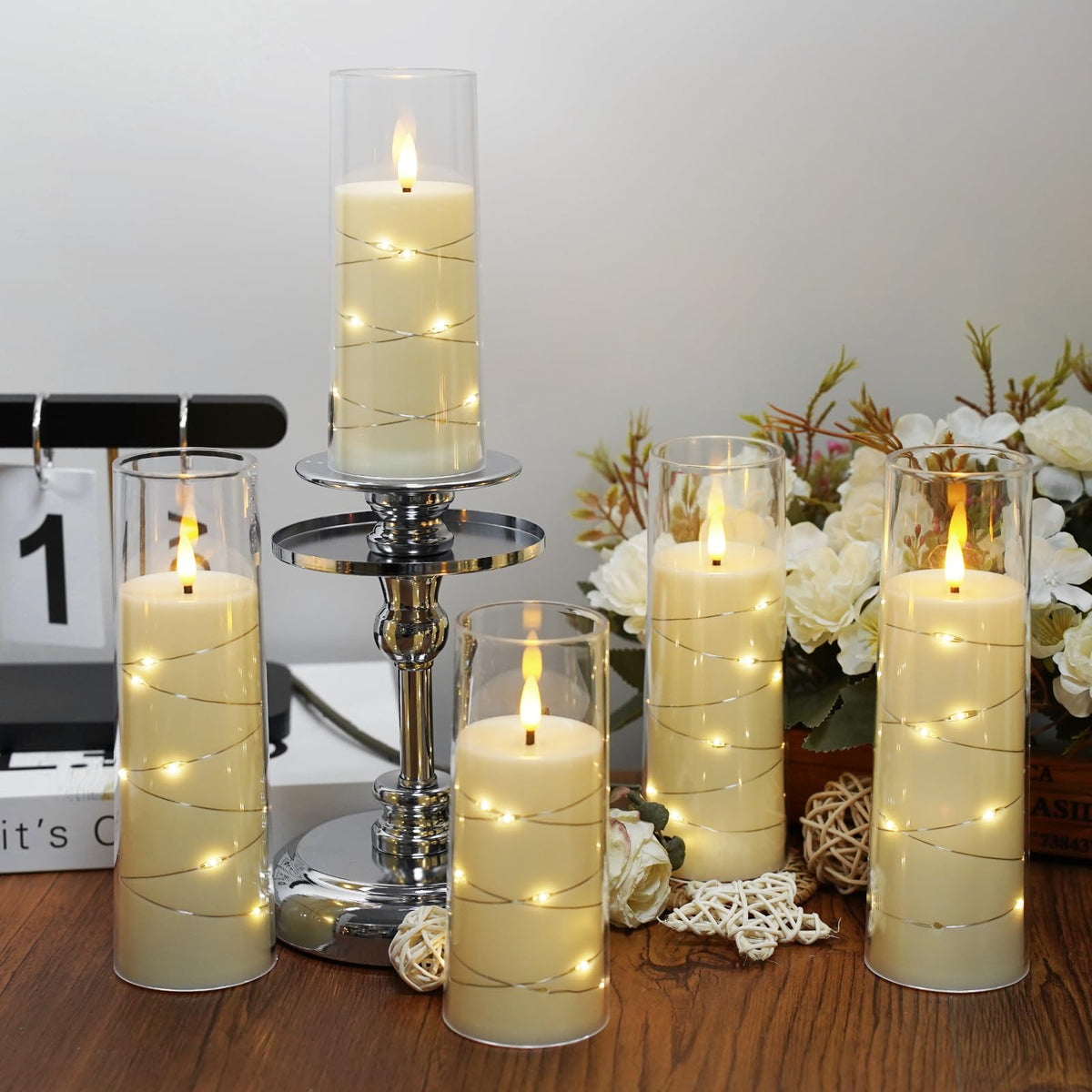 Flameless Candles,with Embedded Star String, Battery Operated Candles Flickering LED Pillar Candles with Remote Control and Timer, Home Decoration Add a Warm and Romantic Atmosphere，Set of 7 (Ivory)