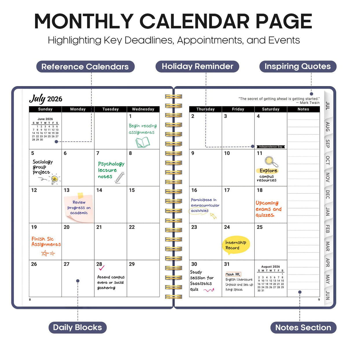 Planner 2026-2027, Academic Year Weekly and Monthly Calender Planner, from Jul 2026 - Jun 2027, Spiral Bound School Planning Book, Perfect for Teacher, Student, Women & Men, A5 (6.3" x 8.5"), Royal Flutter