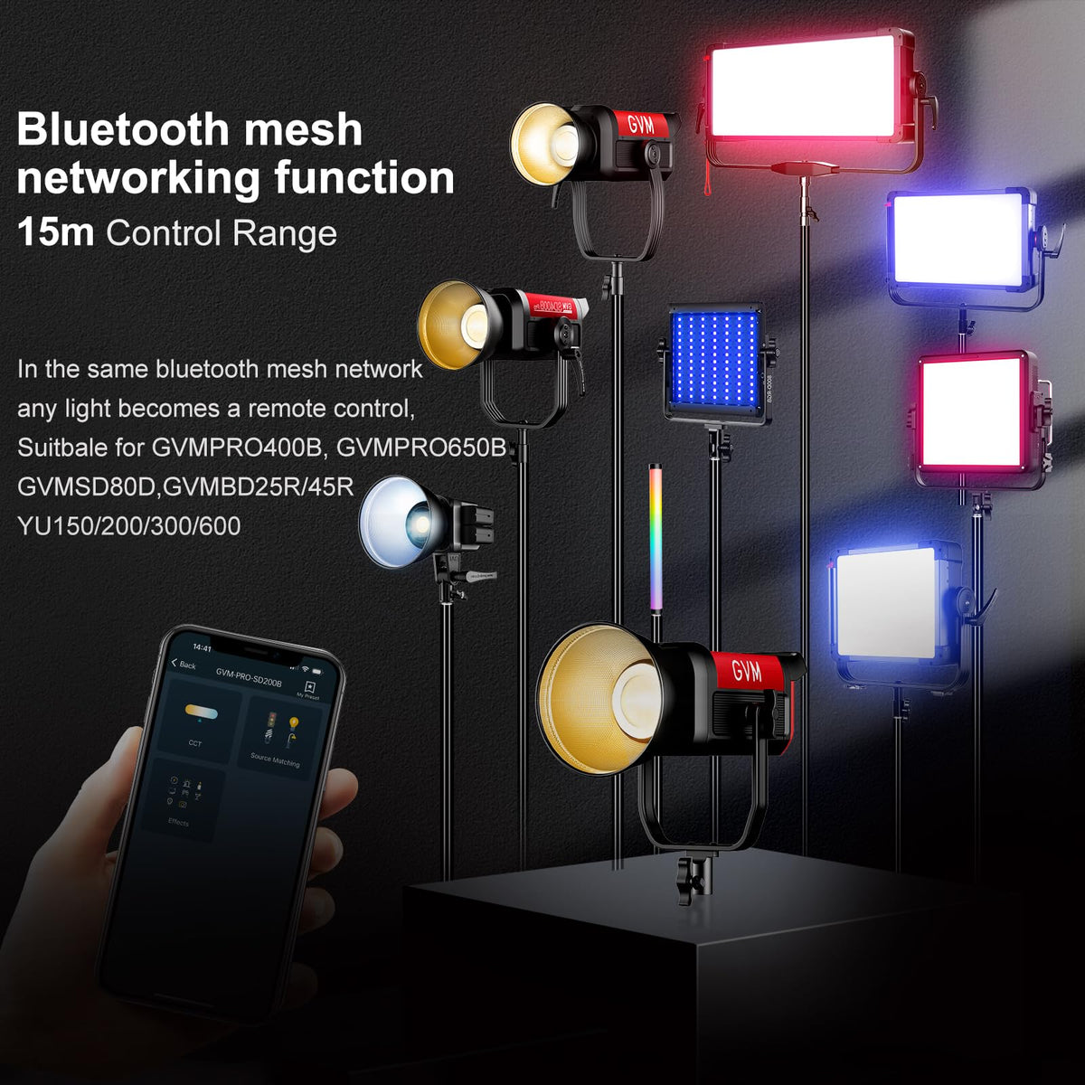GVM 200W LED Video Light with Lantern Softbox, SD200B Continuous Lighting Kit with Bluetooth Mesh Network/DMX Control, 2700K-6800K Studio Light Photography Lighting Kit, 45400lux/1m, 12 Scene Effects