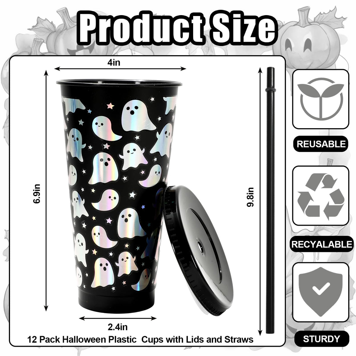 Whaline 12Pcs Halloween Ghost Plastic Cups Holographic Black Iridescent Boo Plastic Tumbler Reusable Cold Cup with Straw and Lids for Home Office Party Supplies