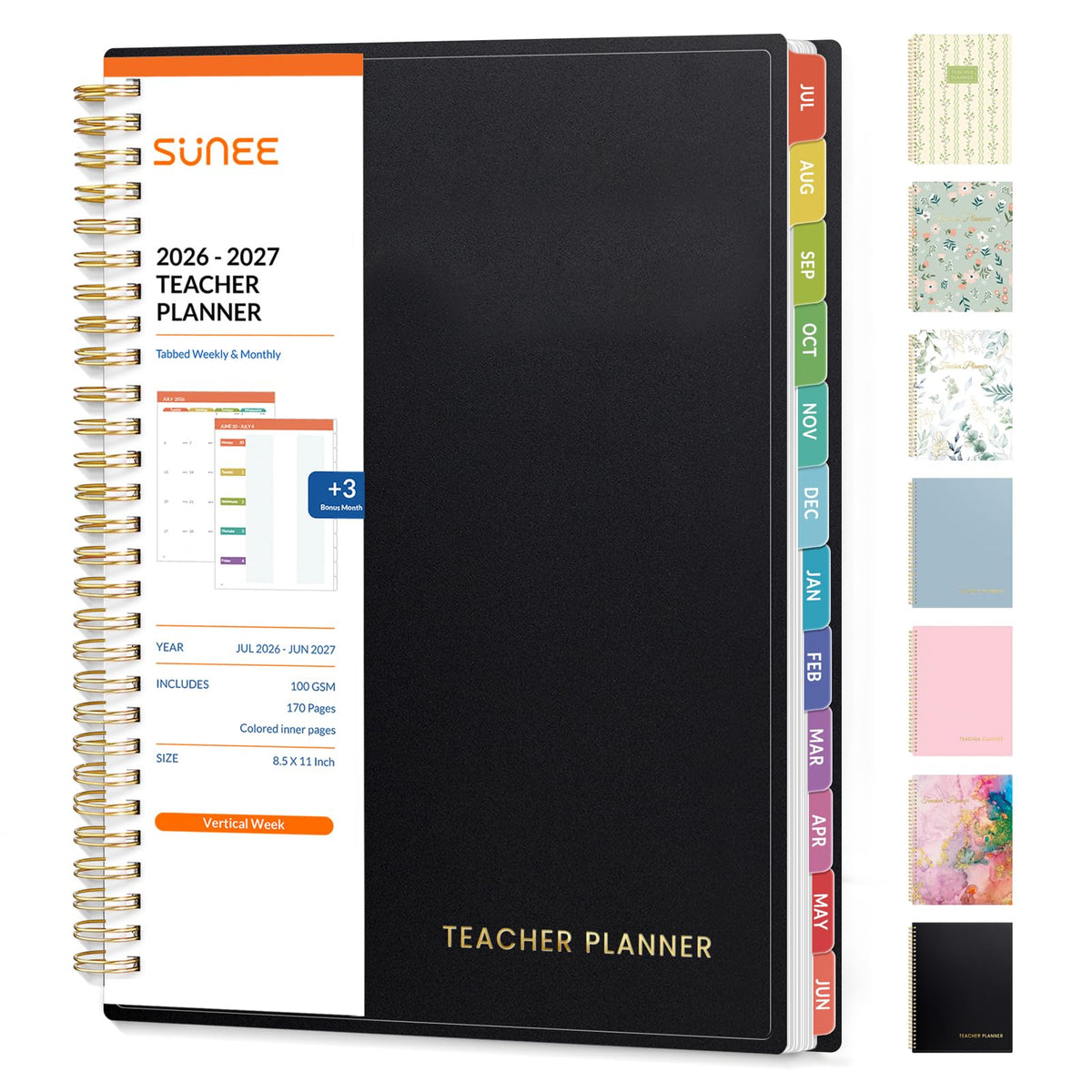 SUNEE Teacher Planner 2026-2027 Academic Year, Lite Lesson Planner Book with 7 Periods Jul 2026 - Jun 2027, 8.5"x11" Daily Weekly and Monthly Organizers, Plan Book with Pocket Folder, Color Tabs,Black