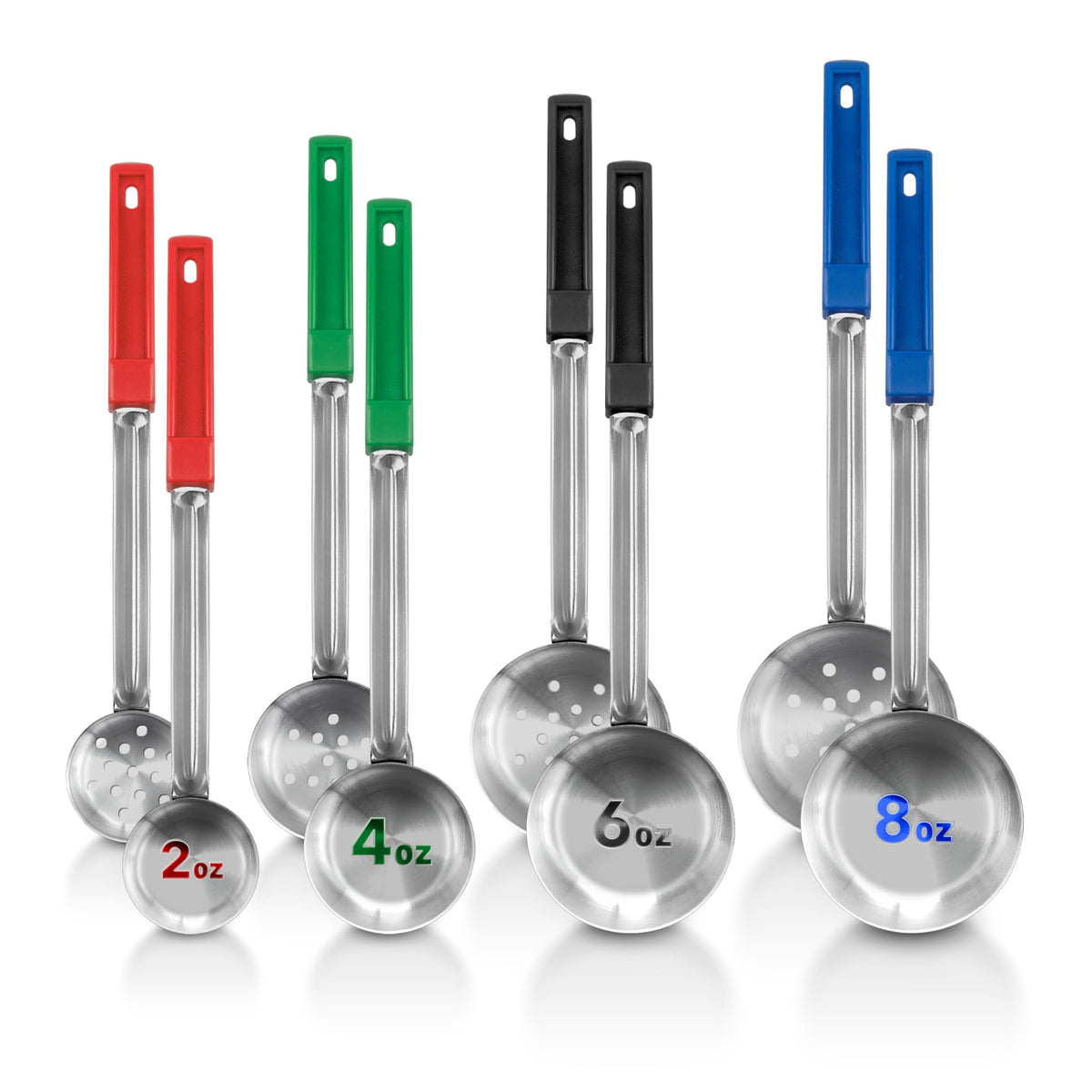 Portion Control Serving Spoons (Set of 8), Slotted & Unslotted Portion Scoops for Food, Heavy Duty Stainless Steel Utensils for Portion Control, 2, 4, 6, and 8oz Scoops for Portion Perfection