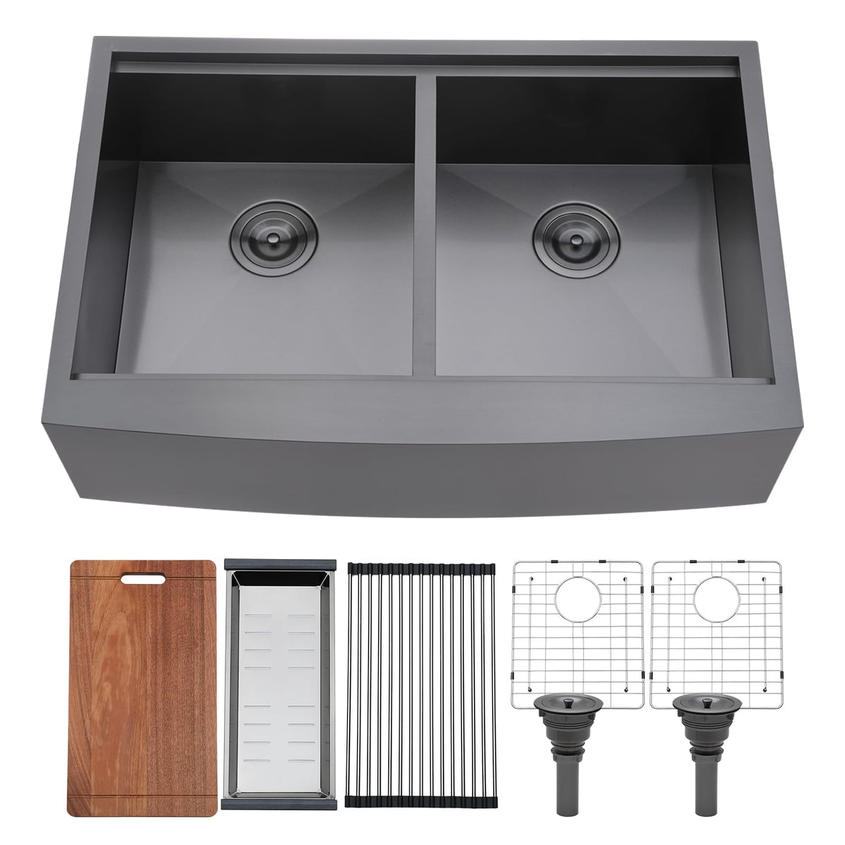 VCCUCINE 33 Inch Gunmetal Black Double Farmhouse Sink, 33X22 Double Bowl Farmhouse Kitchen Sink, 16 Gauge 50/50 Stainless Steel Apron Front Farm Sink, Workstation Farmer Sink With Accessories