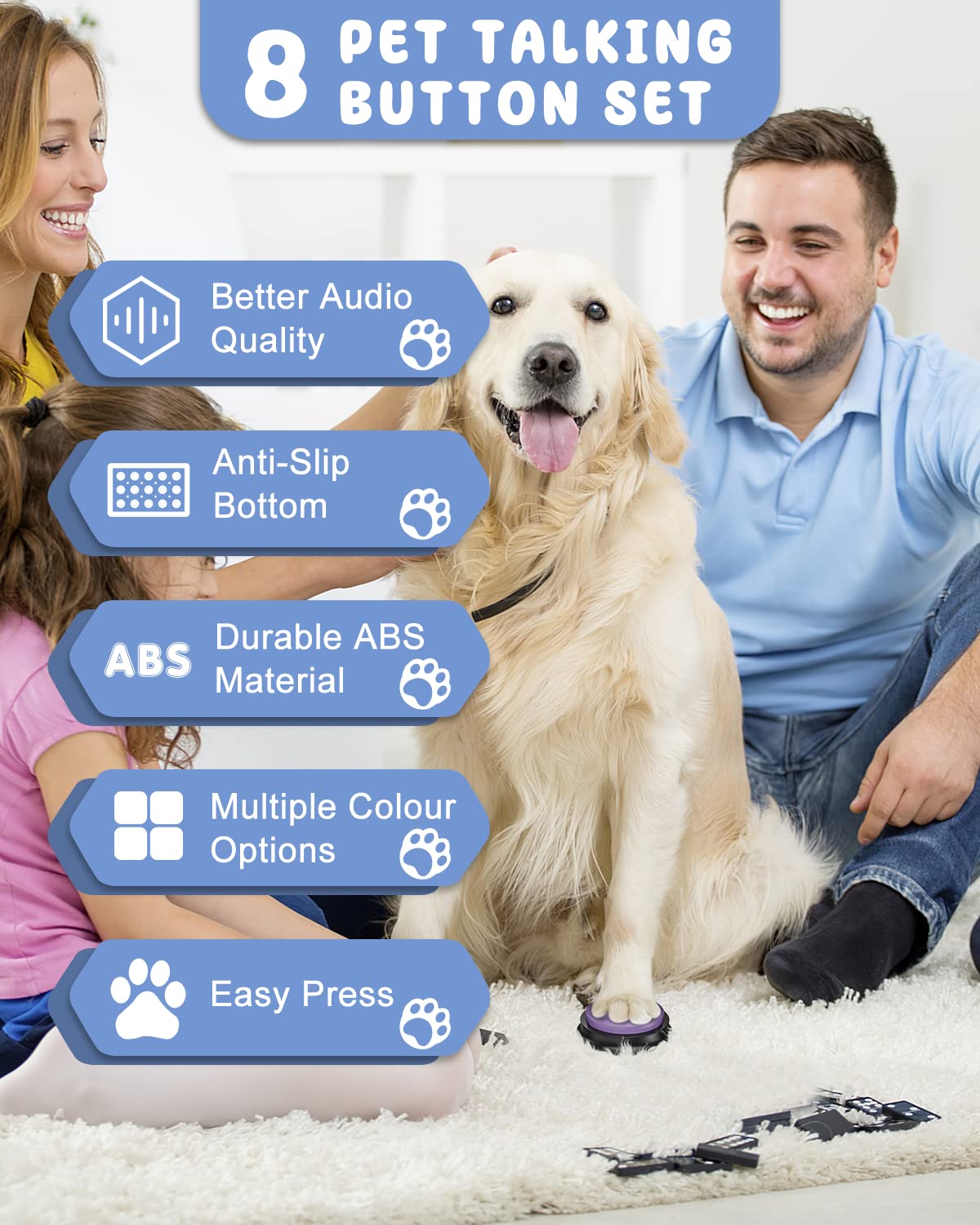 Dog Buttons for Communication, 8 Pcs Dog Talking Button Set, 30s Recordable Voice Pet Buzzer Training Buttons, Speaking Button for Dogs with Waterproof Anti-Slip Dog Button Mat and 48 Scene Stickers