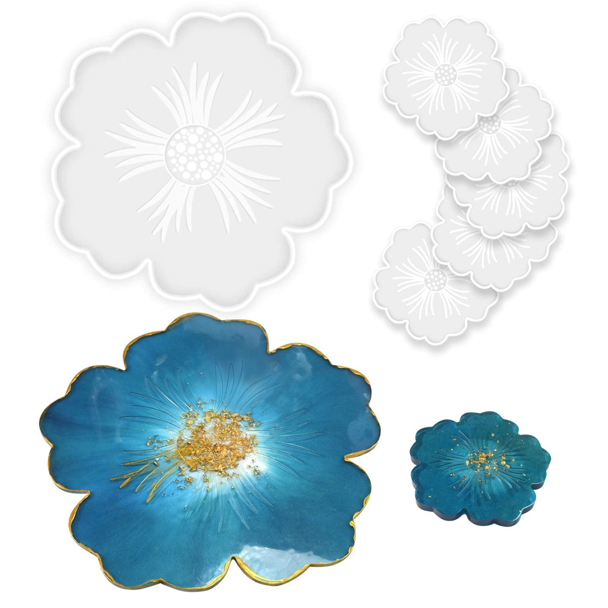 Panamalar Silicone Resin Molds, 1PCS Large Resin Tray Mold and 5PCS Coaster Molds for Resin Casting, Flower Shape Epoxy Resins Casting Molds for DIY, Home Decoration, Table Wine Tray-6 PCS