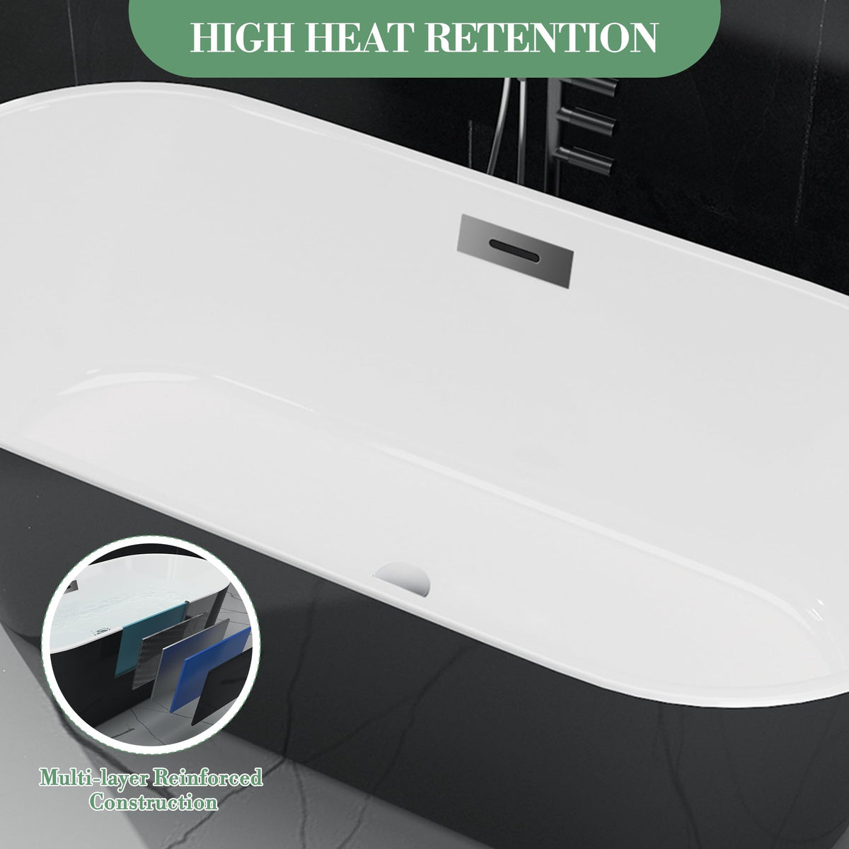 59 Inch Freestanding Bathtub, Acrylic, Deep Soaking Tub with Non-Slip Base, Modern Black Free Standing Tub for Bathrooms, cUPC Certified with Chrome Drain