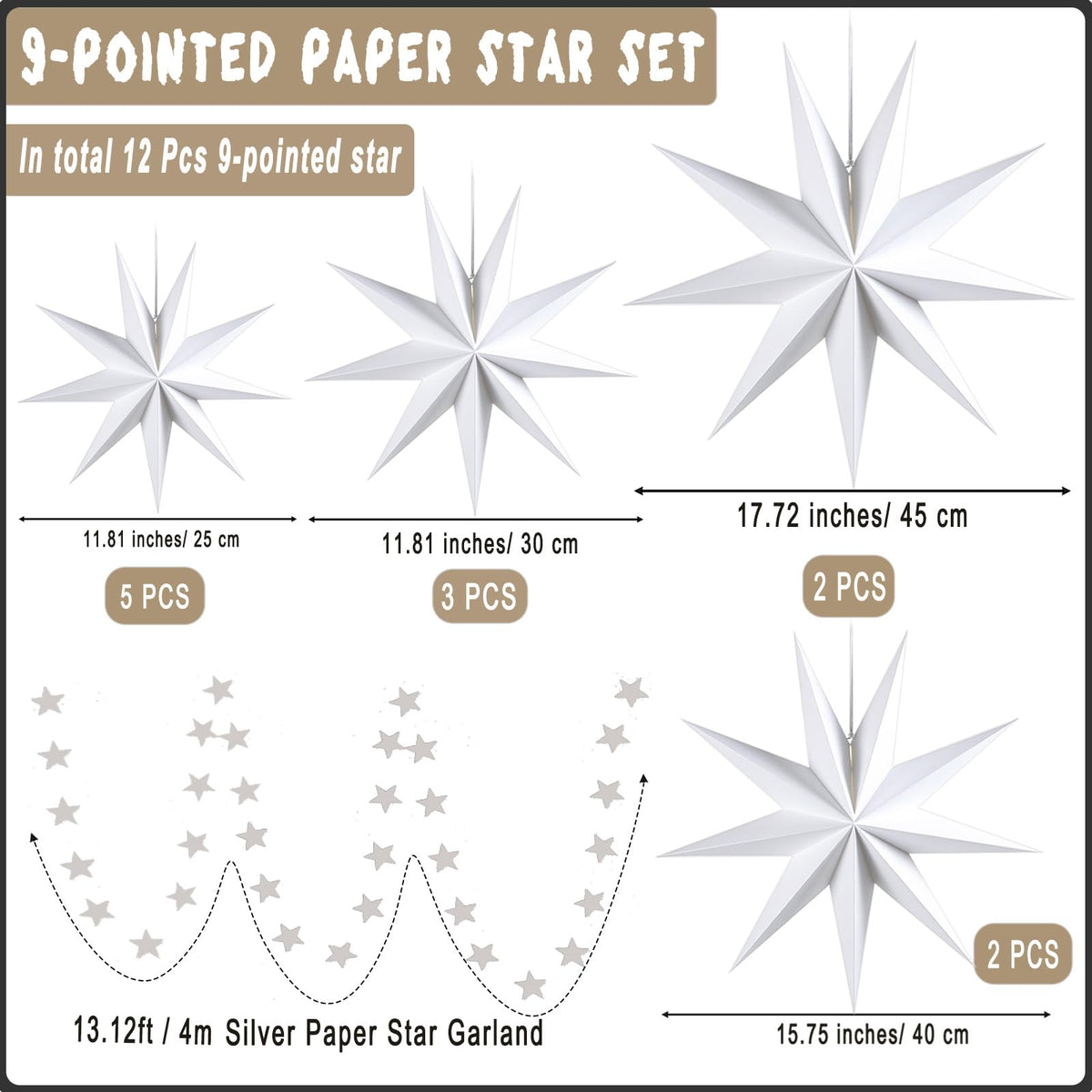 WNSIRVY 12 Pack 9-Pointed Large 3D Paper Star Lanterns with Star Garland Hanging Lanterns Lampshade for Themed Party, Home Wedding, Birthday Decorations (White)