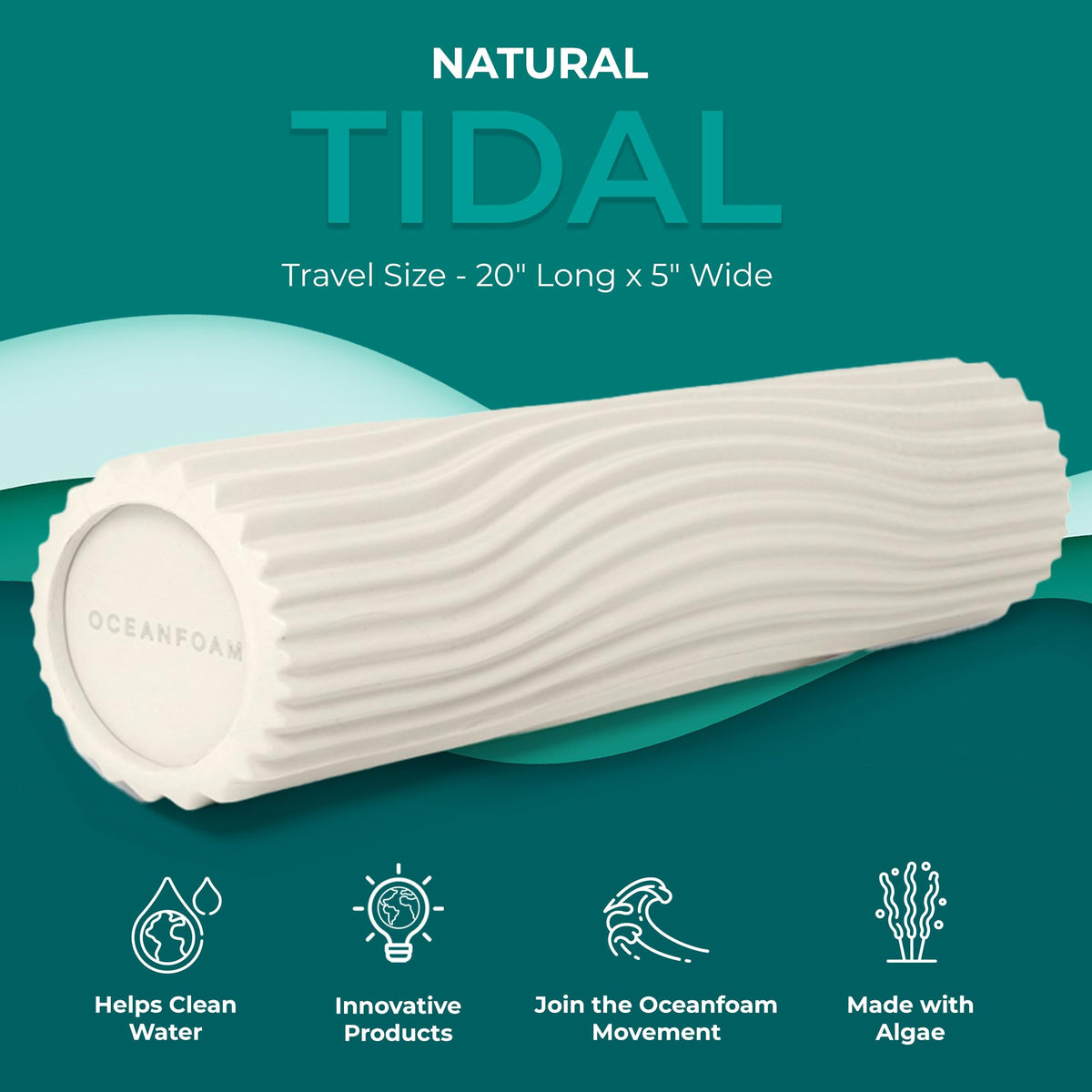 Oceanfoam Tidal Roller - Natural - Muscle Massage Foam Roller for Back Pain & Stretching - Firm and Ergonomic Wide Wave Textured - Yoga, Athletics, & Wellness - Full Size, 20" x 5"