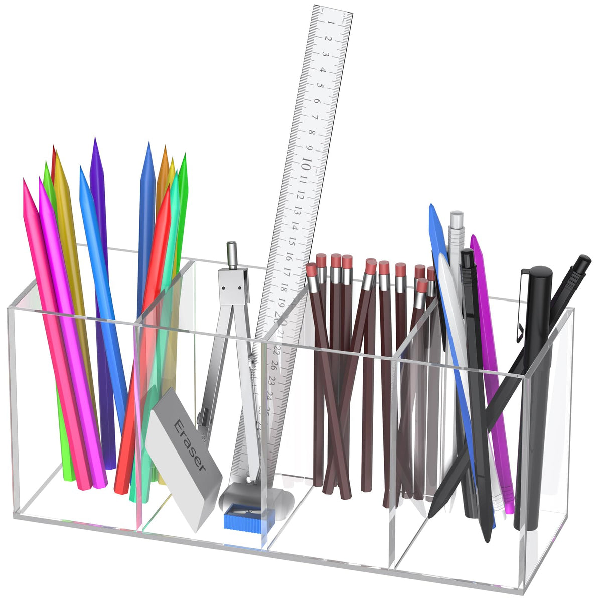 Uniclife Clear Acrylic Pen Holder for Desk, Plastic Pencil Holder Pen Organizer with 4 Compartments, Desktop Stationery Organizer for Office Home School, Vertical Makeup Brush Holder, 9" x 3" x 4"