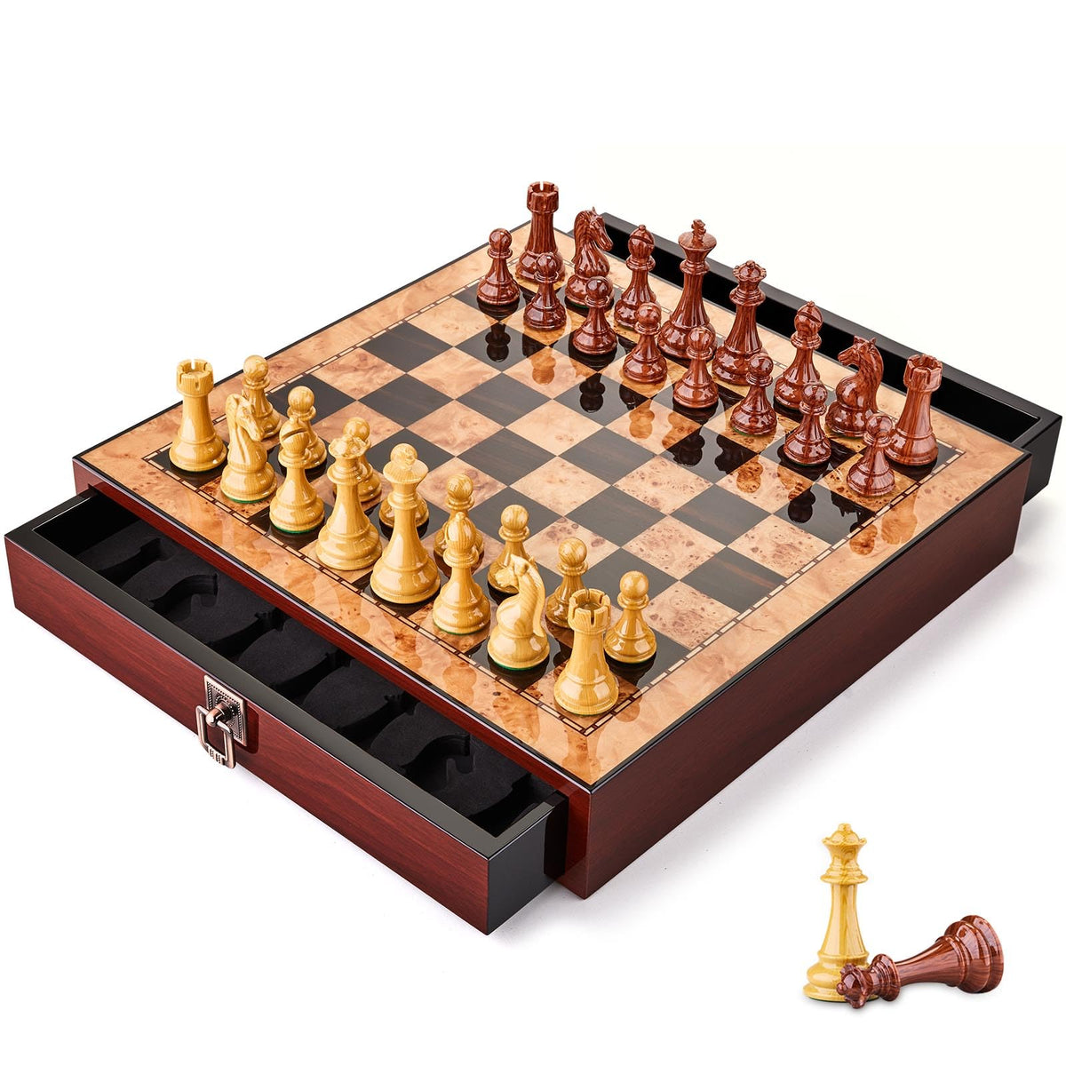 AMEROUS 17 inches Wooden Chess Set with High Polymer Weighted Chess Pieces / 2 Built-in Storage Drawers / 2 Extra Queens / 3.75'' King, Classic Board Game