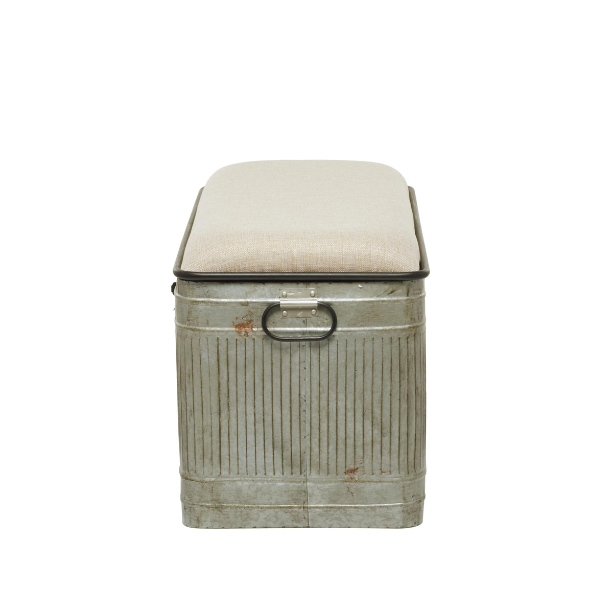 Deco 79 Metal Room Storage Bench Galvanized Entryway Bench with Cream Burlap Top and Black Latches, Bench 38" x 16" x 19", Gray