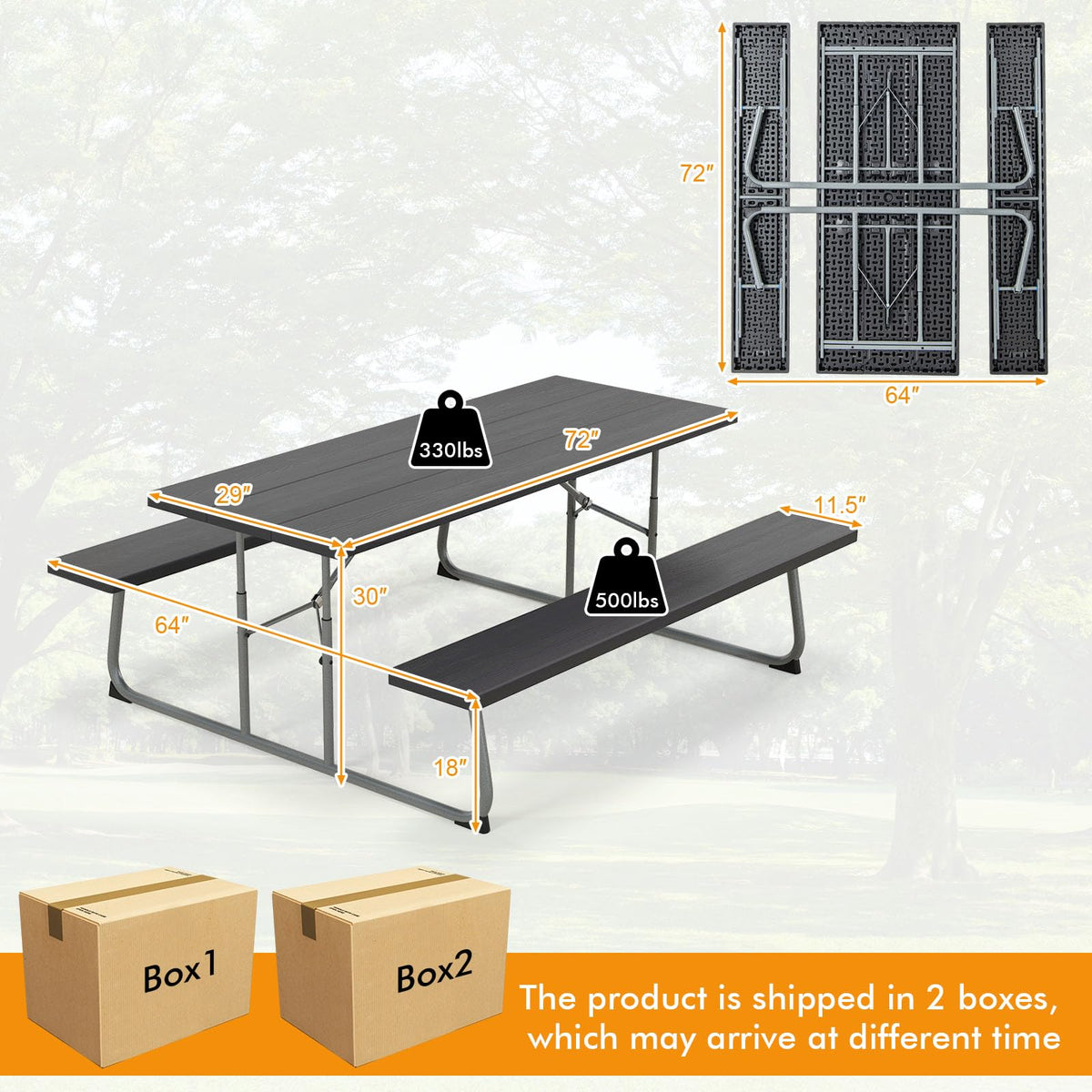 Tangkula 6 Ft Folding Picnic Table, Outdoor 8 Person Large Picnic Table Set with 2 Built-in Benches, Umbrella Hole, Metal Frame & HDPE Tabletop for Garden, Backyard (Black)