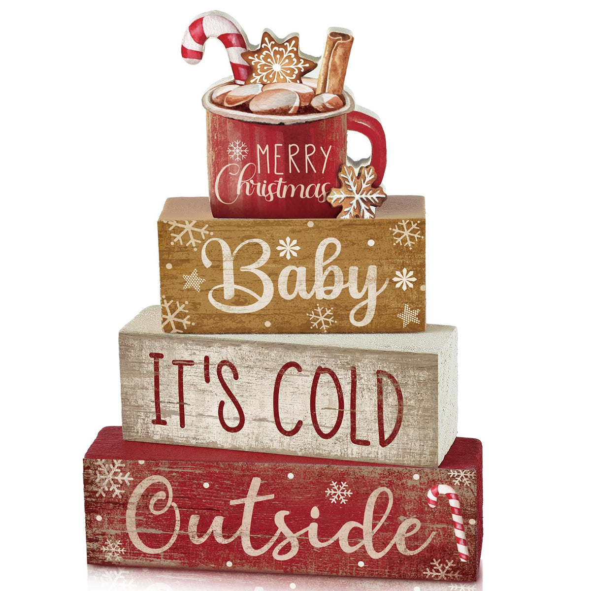 Moucuny 4 Pcs Christmas Table Decor Wooden Hot Cocoa Decoration Christmas Centerpiece Winter Tiered Tray Decor Decorative Red Hot Cocoa Block Signs Gift Farmhouse Xmas Decoration for Home Kitchen