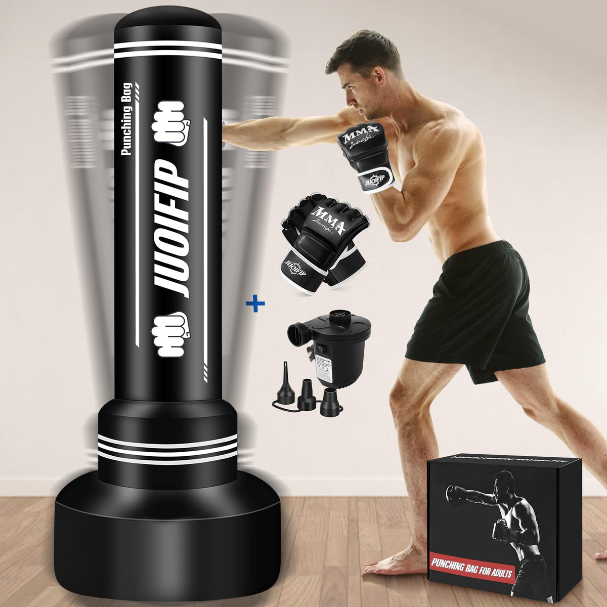 Heavy Punching Bag with Stand Adults Teens, 70" Freestanding Punching Bag with Boxing Gloves and Electric Air Pump, Women Men Standing Inflatable Boxing Bag for Training MMA Thai Fitness