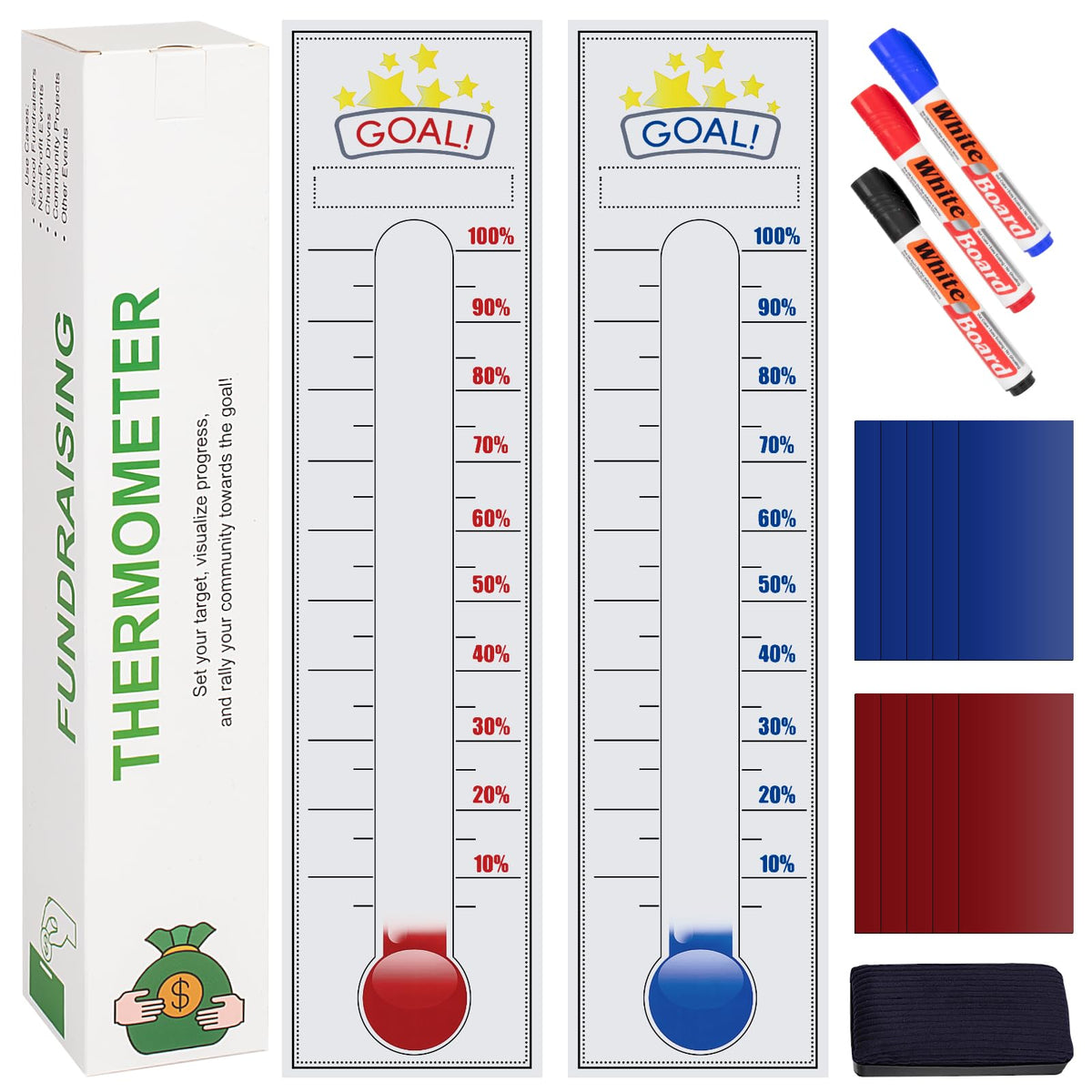 Fundraising Thermometer, 48"x12" Self-adhesive Chart Goal Tracker, With Removable Stickers And 3 Color Dry Erase Markers For School Fundraisers, Non-profit Events, Charity Drives, Community Projects