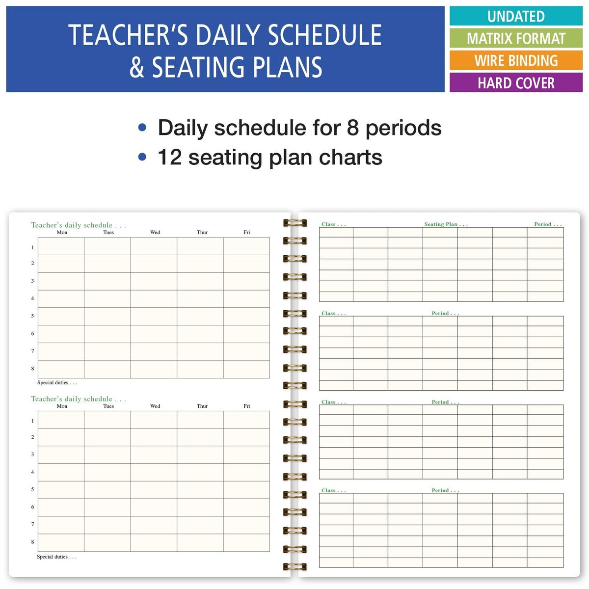 Elan Publishing Company HARDCOVER 7 Period Teacher Lesson Planner - Days Horizontally Across the Top with Bonus Clip-in Bookmark (Woodgrain)
