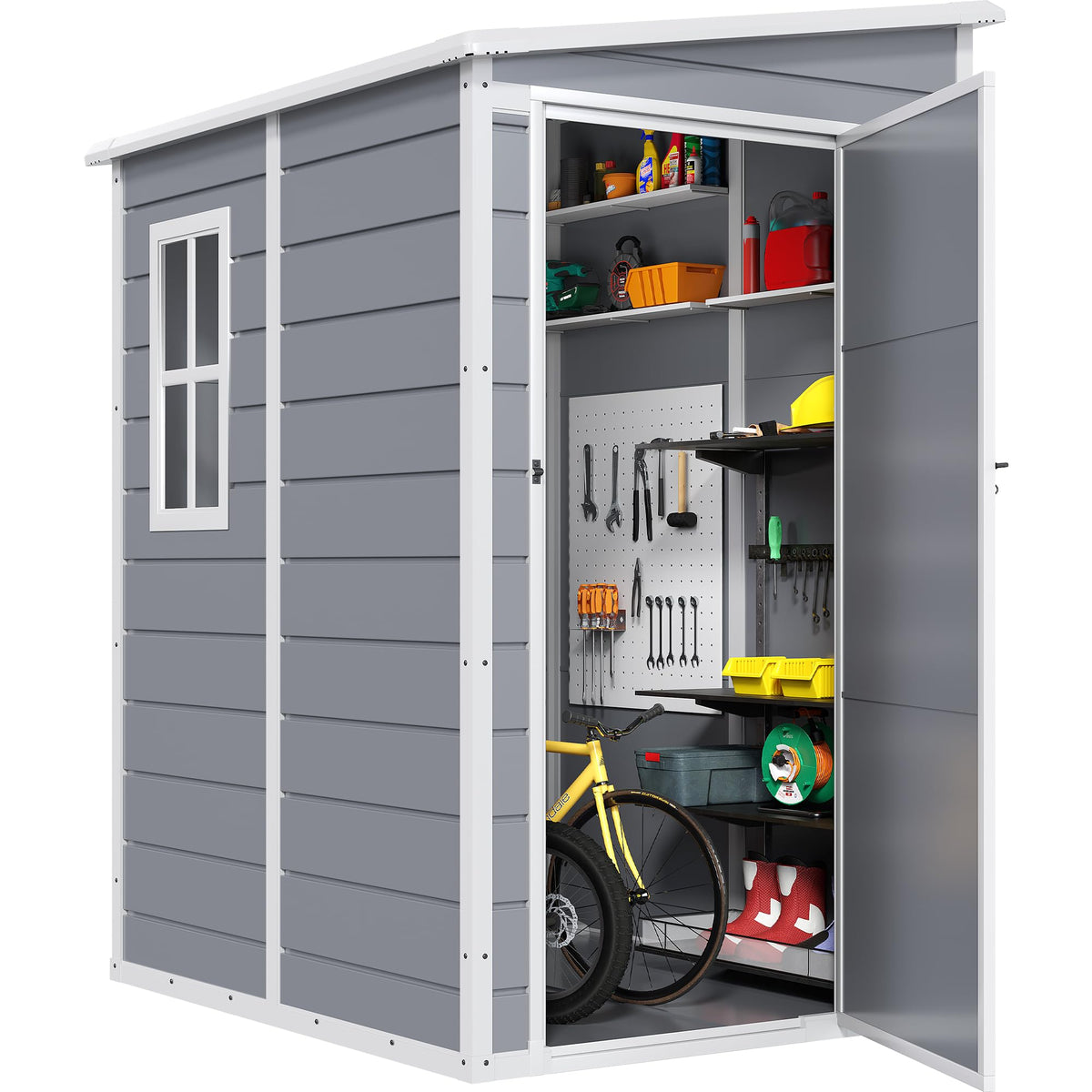 DWVO 5x4ft Resin Outdoor Storage Shed with Floor, Large Waterproof Lockable Storage Shed with Window, Plastic Outside Tool Storage for Garden Backyard Patio Lawn (Gray)