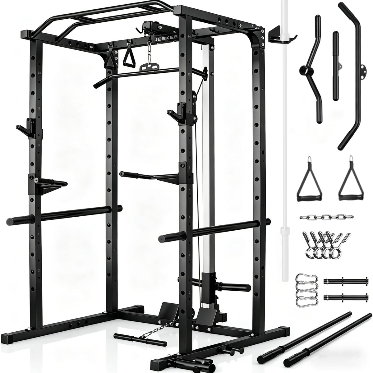 JEEKEE Power Rack with LAT Pulldown, 2000LBS Power Cage with Cable System, Multi-Function Squat Rack with J-Hooks, Safety Bars, Landmine, Pull Up Bar & Attachments for Home Gym Strength Training,Black
