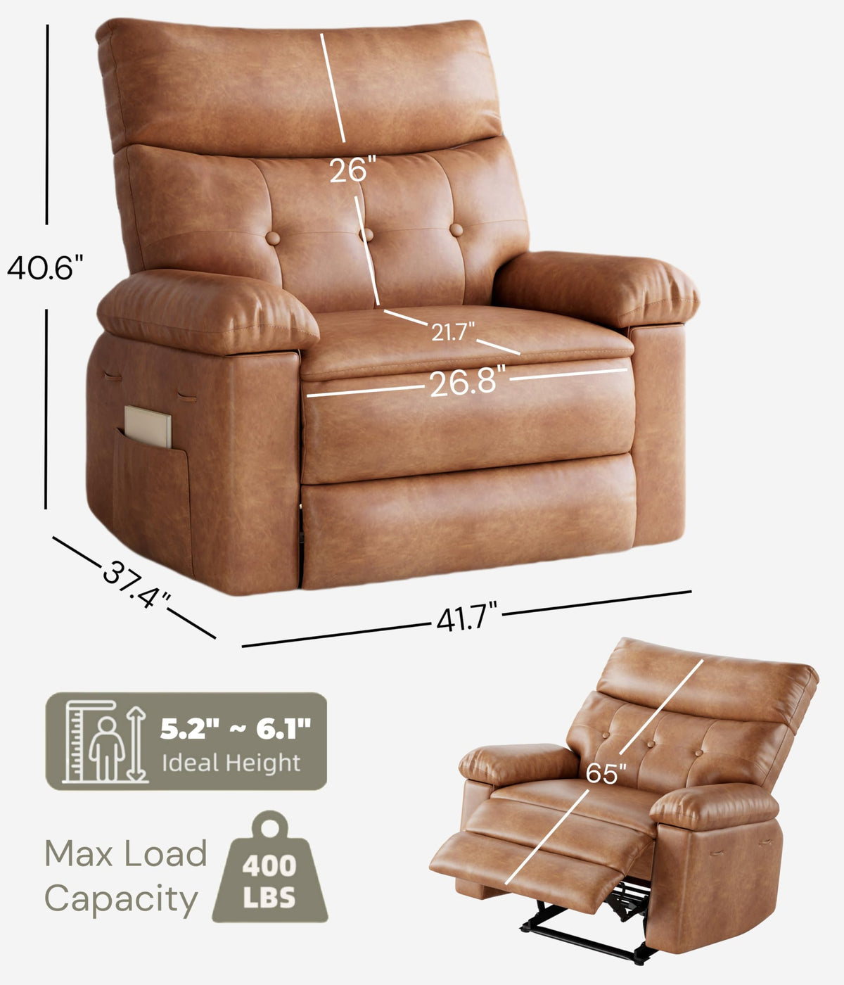 GarveeHome Oversized Recliner Chair, Extra Wide Manual Recliner with Heat and Massage, 400lbs Heavy Duty PU Leather Single Sofa, Large Lazy Chair for Big and Tall Adults, Living Room & Bedroom