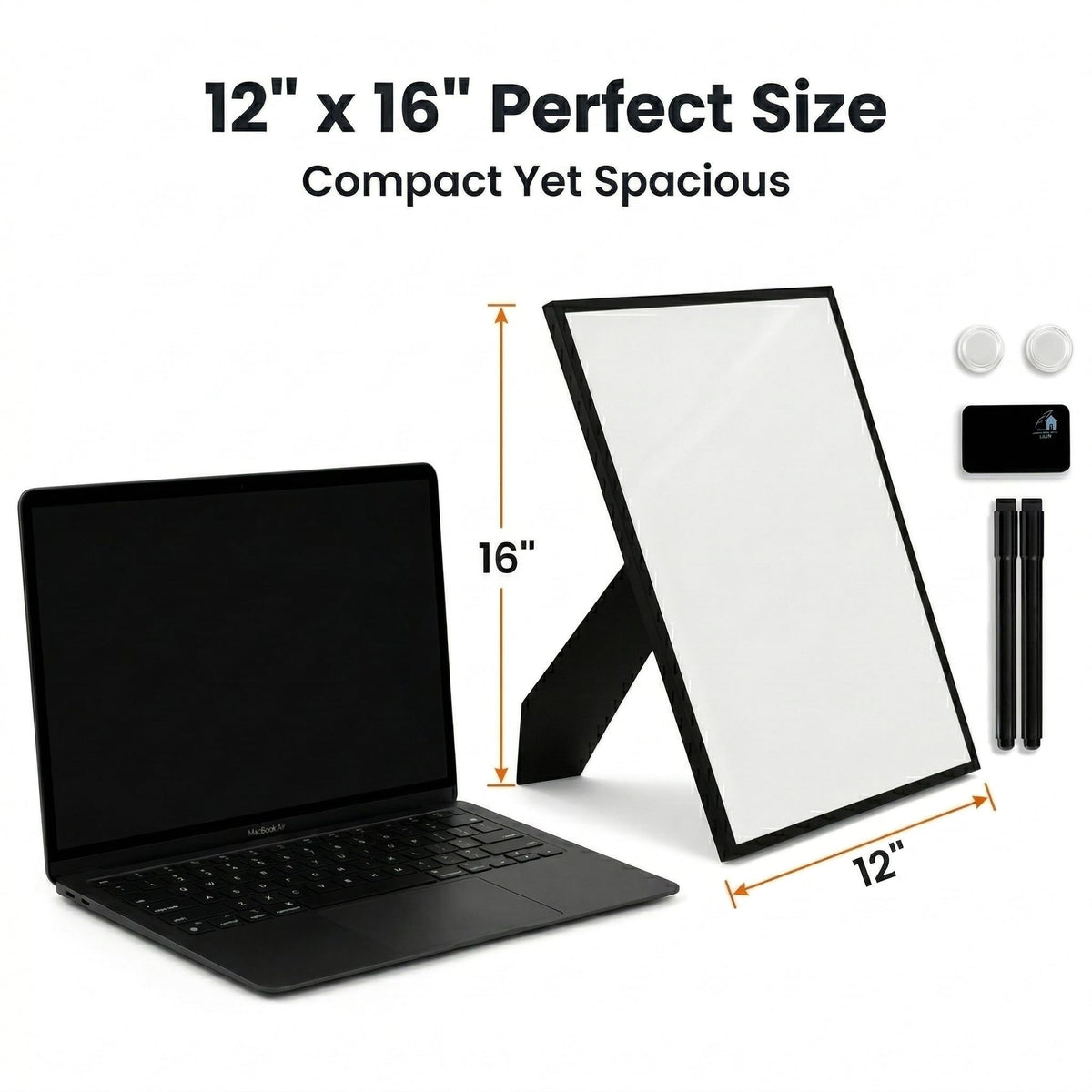 Lulu Office Magnetic Dry Erase Board 12x16 with Foldable Stand, Portable Black Desktop Whiteboard for Home, Office, School & Kitchen