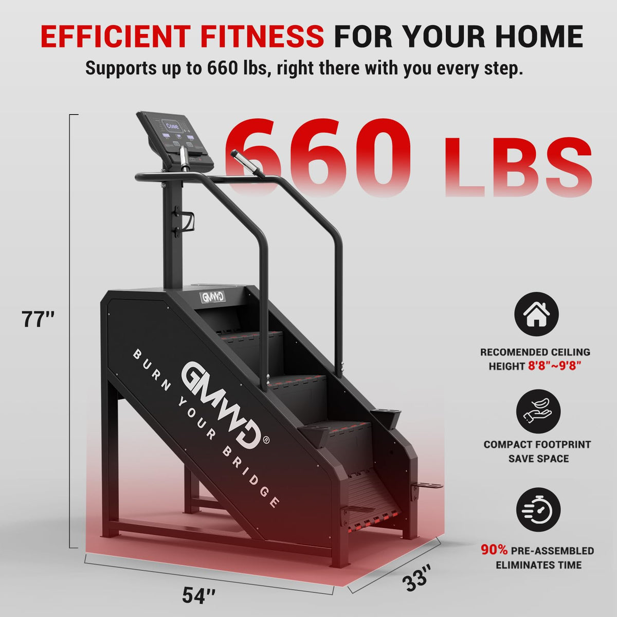 Stepper Machine, GMWD Stair Climber with LED Screen, Commercial Grade Stair Stepper Exercise Machine with 15 Resistance Levels, 441LBS, 24-164 Steps/Minute, Black