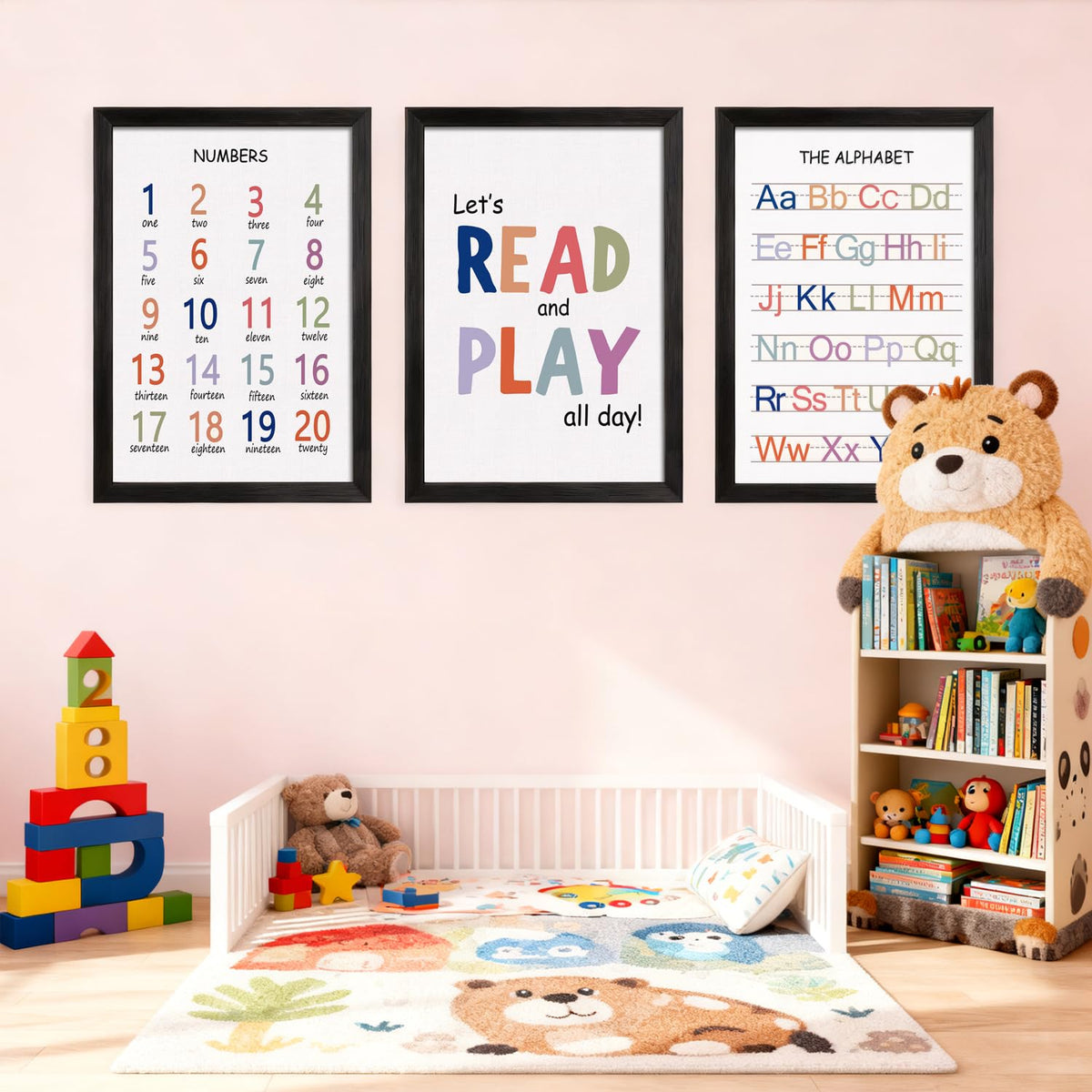 Cute Alphabet Numbers Framed Wall Art Set of 3, Educational ABC Poster Wooden Sign for Baby Girl Kid Boy Toddlers, Neutral Boho Preschool English Letters Nursery Decor for Homeschool Playroom Daycare