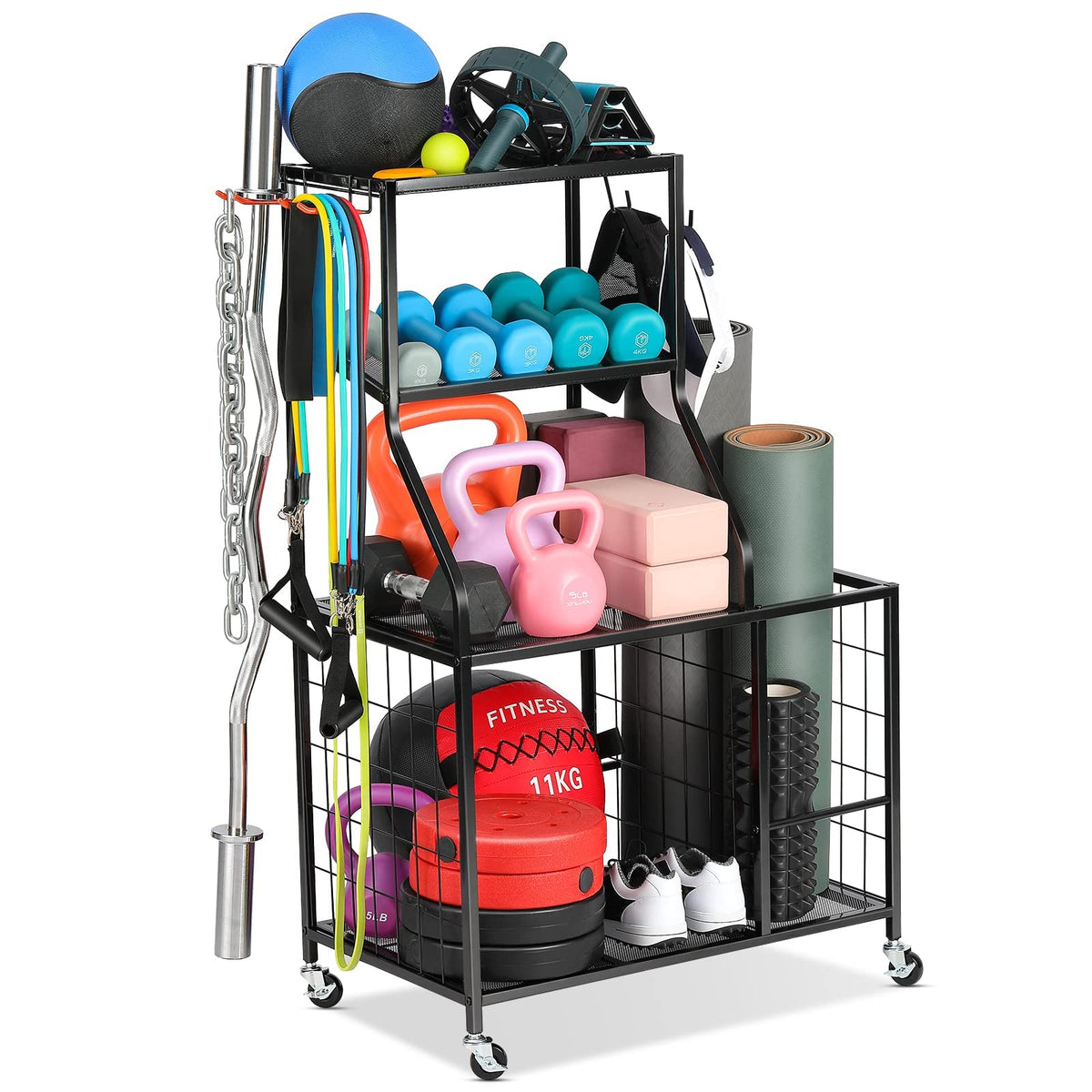 Weight Rack For Dumbbells Storage - Home Gym Storage Yoga Mat Storage Rack Workout Equipment Storage Rack for Kettlebells, Multifunction Exercise Equipment Gym Rack Organizer with Wheels and Hooks