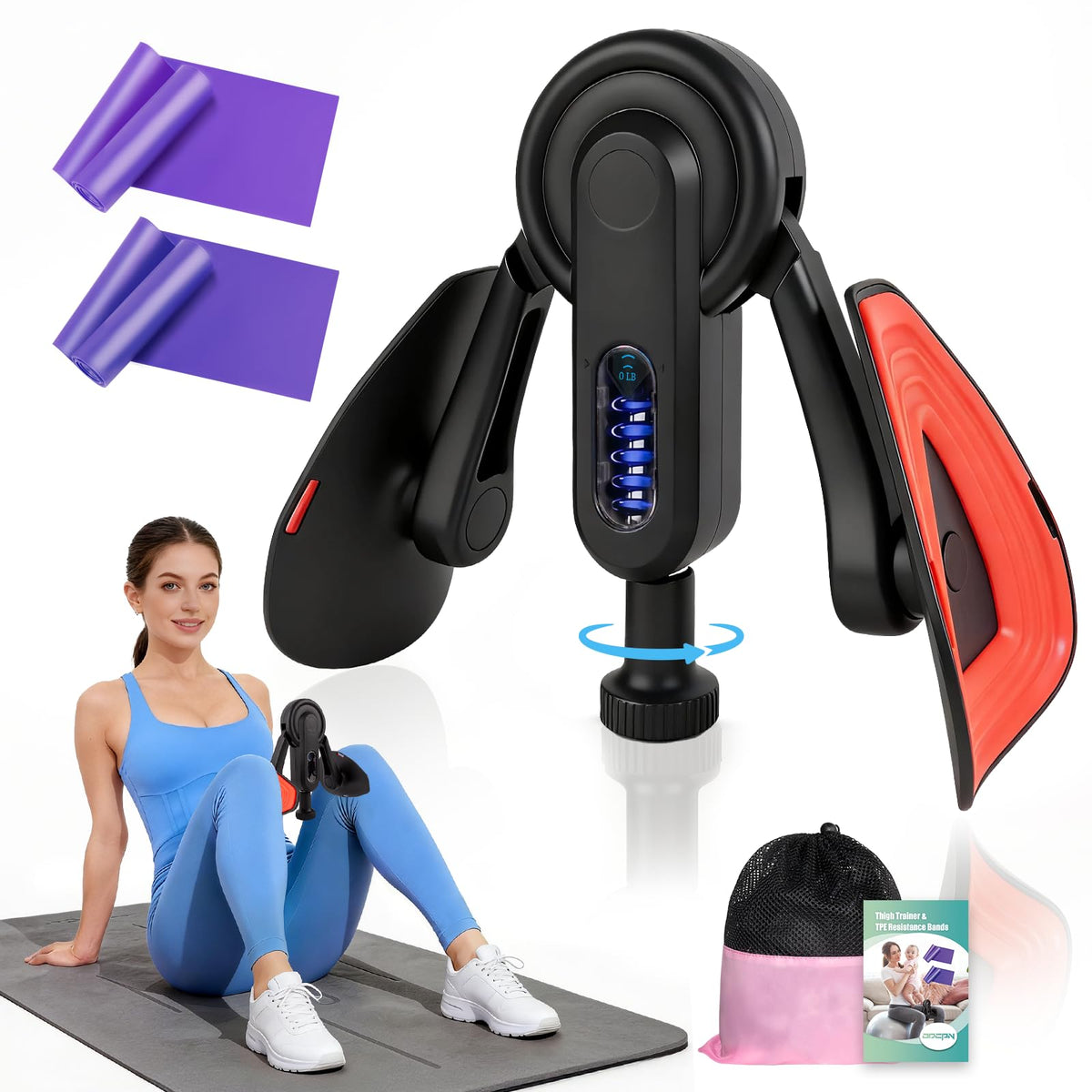 Inner Thigh Exerciser for Women, 15-80 LB Adjustable Resistance Thigh Trainer with Resistance Band(2PC), Thigh Workout Kegel Equipment for Pelvic Floor Muscle, Shaping, Yoga & Home Fitness
