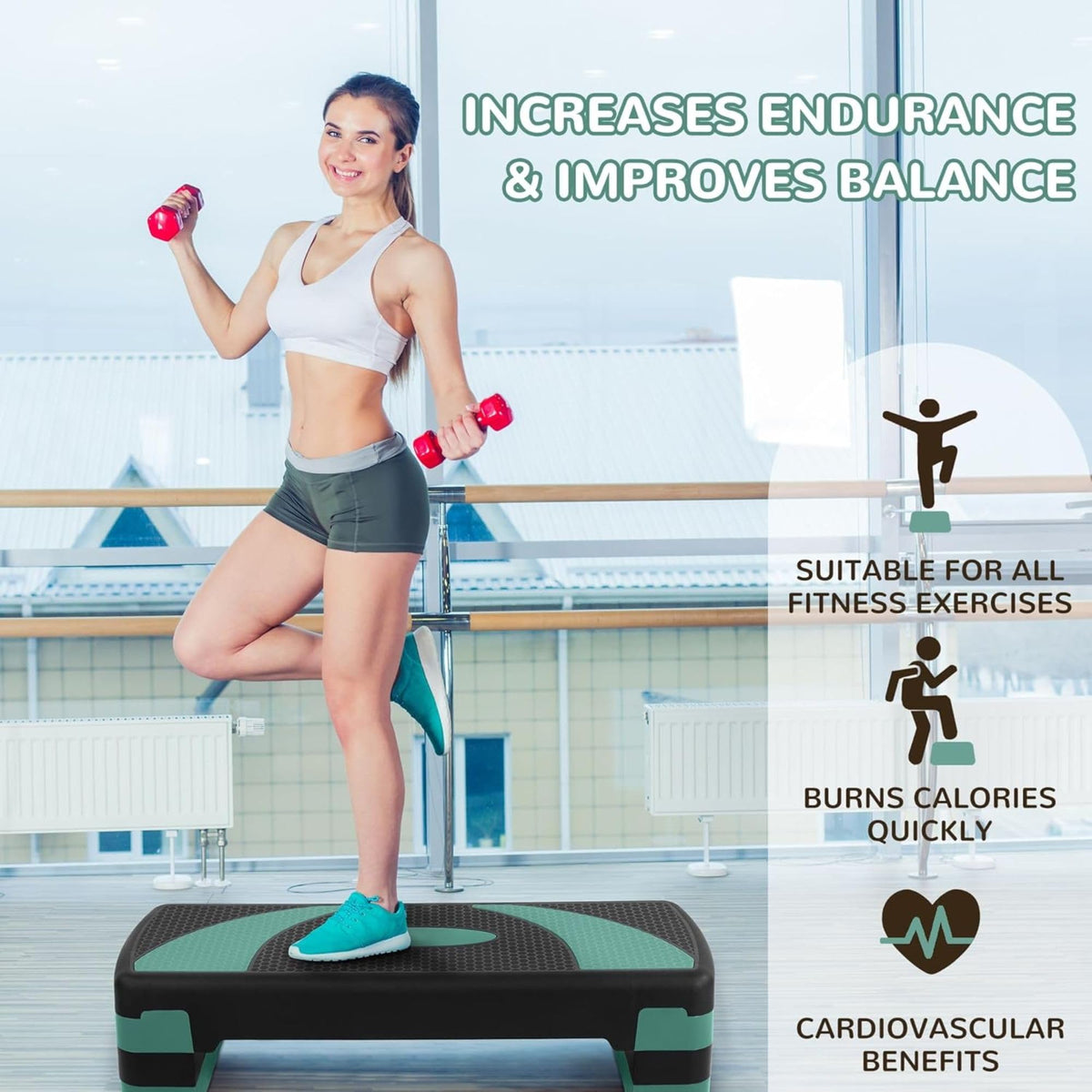 Fitvids Fitvids Step Aerobic Platform, 31" Exercise Step with 3 levels Adjustable Height, 4 Stackable Risers, Fitness Training Workout Stepper for Home Gym, Cardio Strength